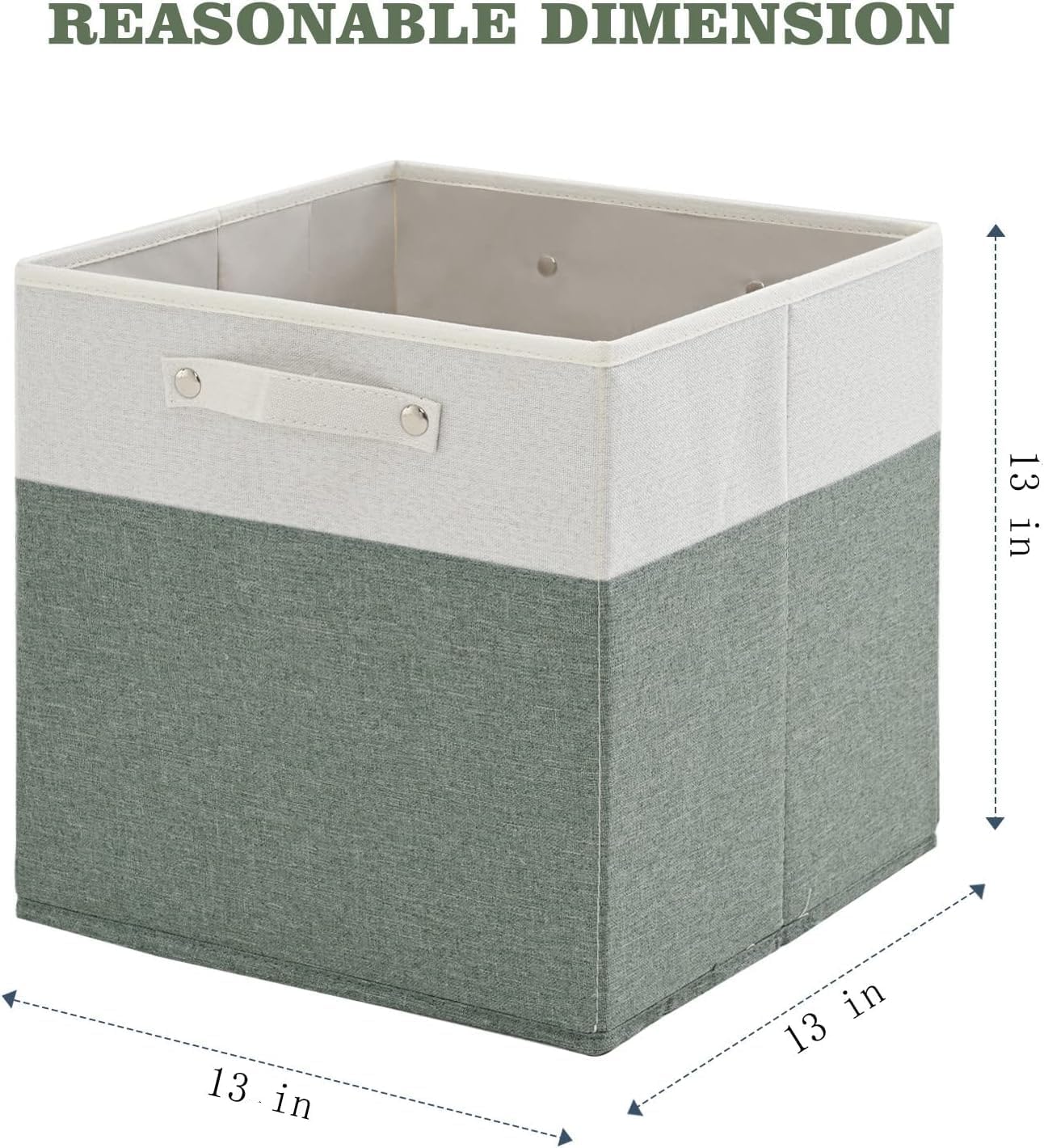 13 x 13 Inch Fine Linen Storage Bins with Handles，Fabric Cube Boxs，Collapsible Basket Organizers for Shelves for Home, Closet Drawers (White/Green-6 Pack)