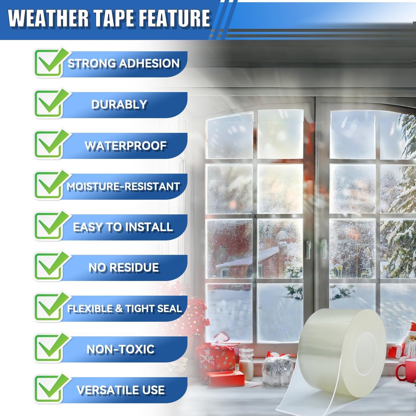 Window Weather Sealing Tape 2 in x 66 FT Weather Stripping Weatherproof Draft Stopper Clear Window Insulation Tape for Doors Windows Garages RVs Energy Saving Kit