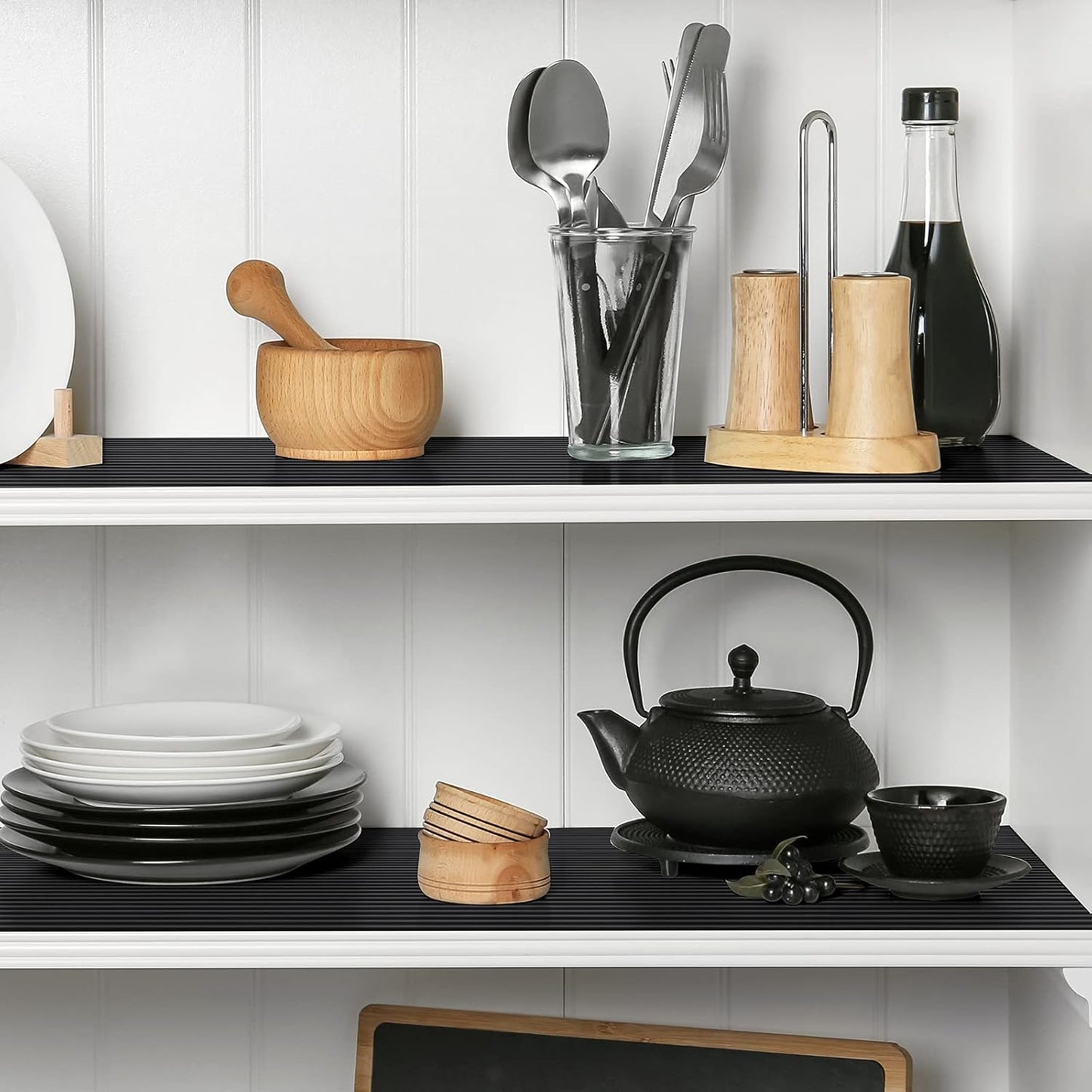 Shelf Liners for Kitchen Cabinets Non Adhesive Drawer Liner EVA Material Cupboard Mat Refrigerator Mats Washable Fridge Liner for Cabinet, Storage and Desks 11.8 x 59 Inches Black