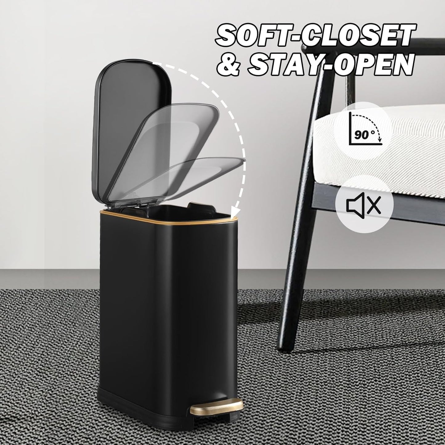 Bathroom Trash Can with Soft-Close Lid 3.5 Gallon Stainless Steel Garbage Can with Removable Inner Bucket Slim Trash Bins for Bedroom, Office (Matte Black)