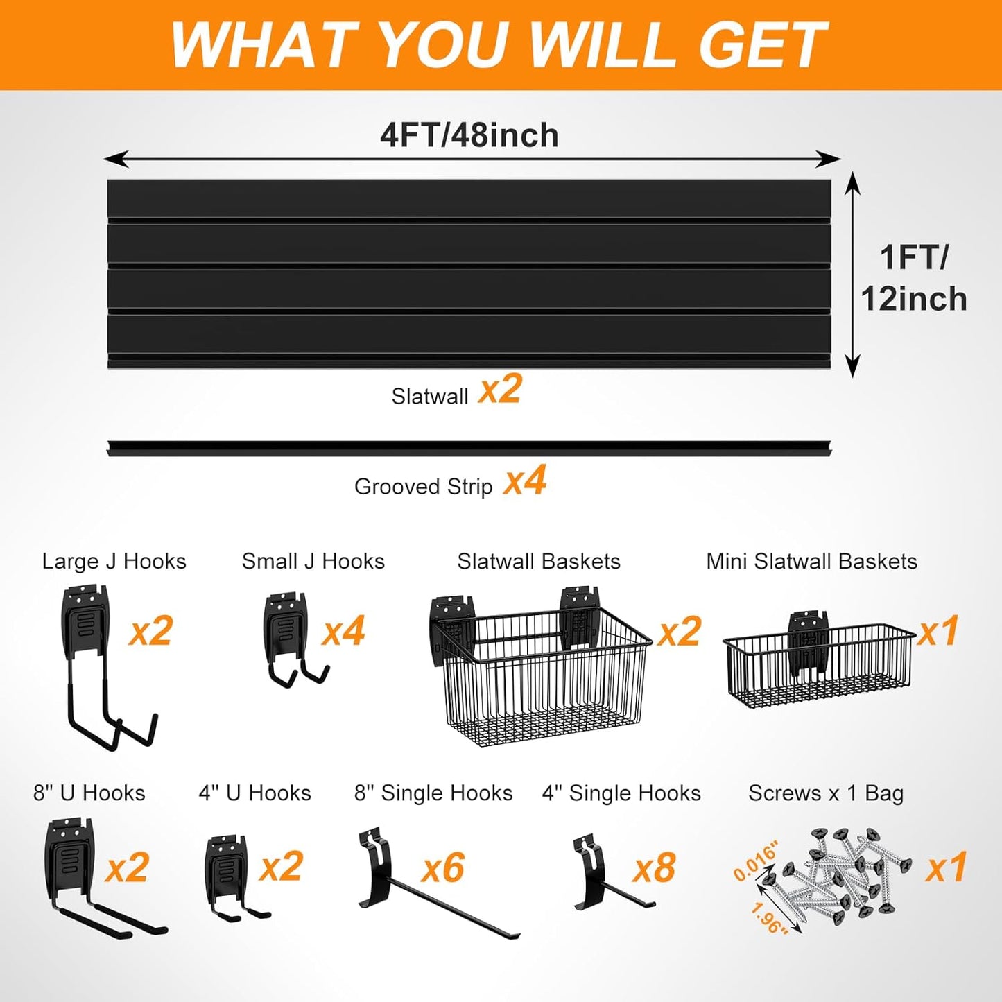 DoCred Slatwall Paneling Organizer, 4x2 FT PVC Garage Slat Wall Storage Systems, Heavy Duty Mounted Slat Peg Board for Tool Organization Ladder Bike Includes 27 PCS Hooks Accessories Kit (Black)