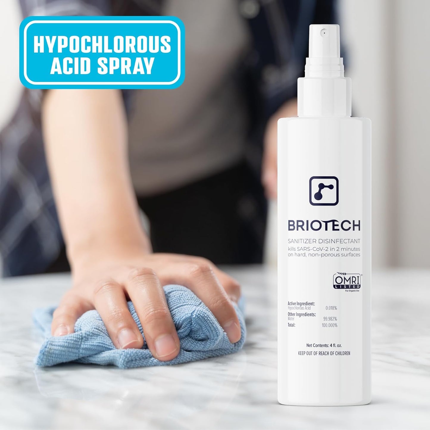 BRIOTECH Sanitizer Disinfectant Hypochlorous Spray, Kill 99.99% of Viruses & Bacteria, Control Mold, Eliminate Odor, Gentle for Nurseries, Food Contact Surface Sanitizer, 2 fl oz Travel Size