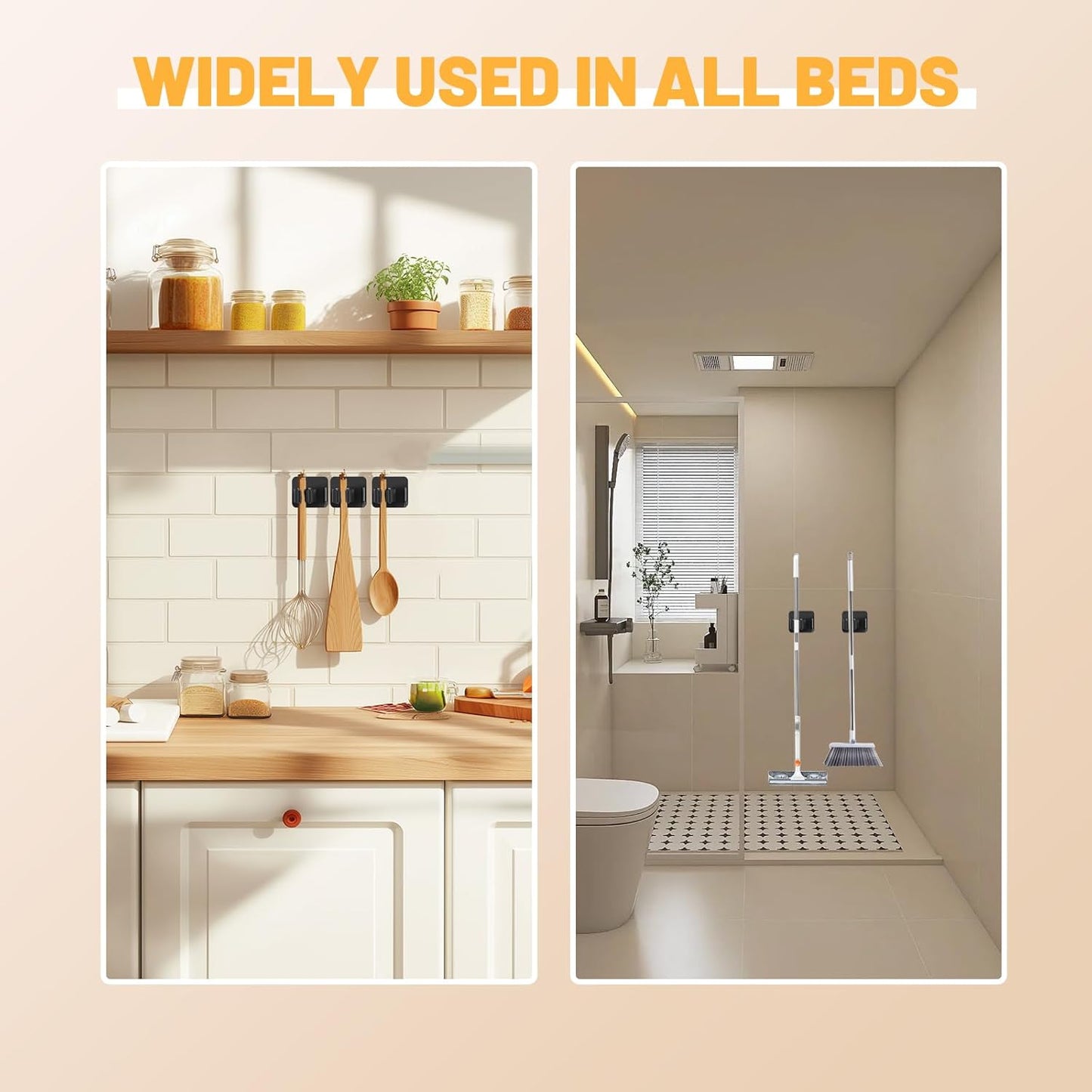 3 Pack Broom Holder Wall Mount,Stainless Steel Broom Holder with Hooks Screw, No Drill Self Adhesive Hanger Tool Rack Organizer for Closet Garage Laundry Room Kitchen Decor (Black) (3)