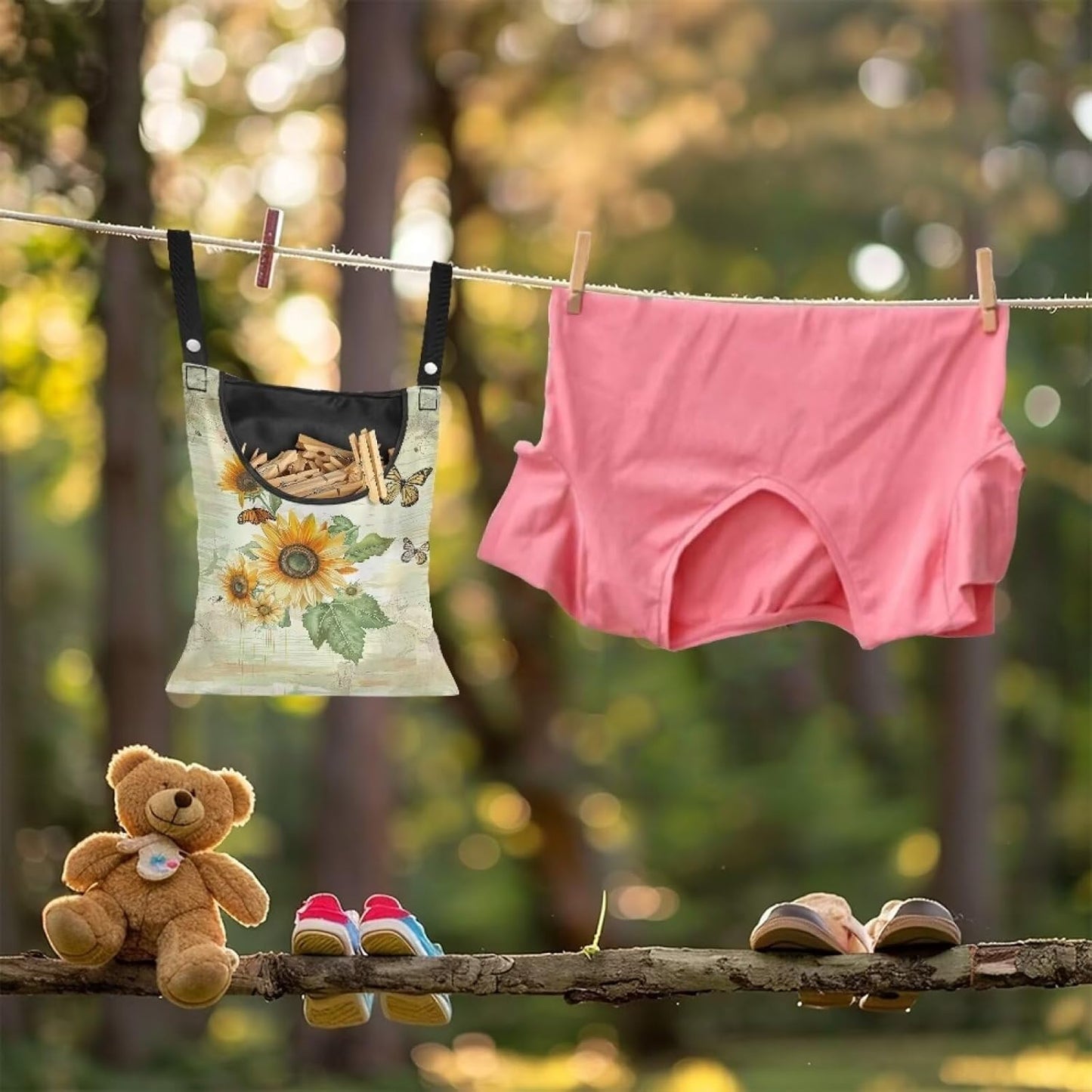 Sunflowers Butterfly Clothespin Bag Clothespin Bag for Clothesline Outdoor Clothespin Storage with Hanger Hook Clothespin Bags Hanging Outdoor Waterproof Clothespin Storage