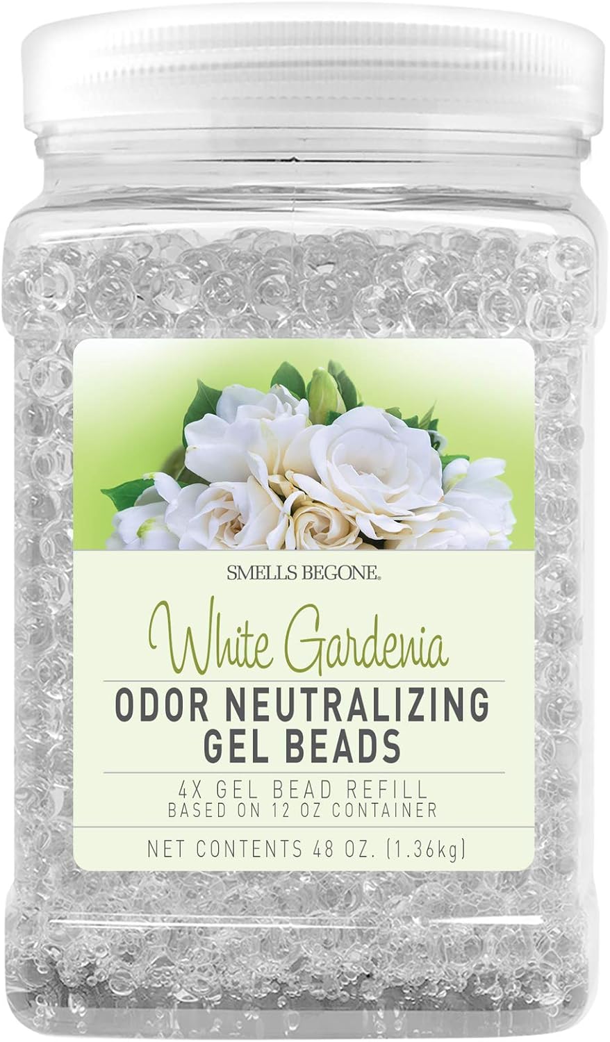 SMELLS BEGONE 48 oz Odor Eliminator Gel Bead Refill - Eliminates Odors from Bathrooms, Cars, Boats, RVs and Pet Areas - Air Freshener - Made with Essential Oils - White Gardenia Scent