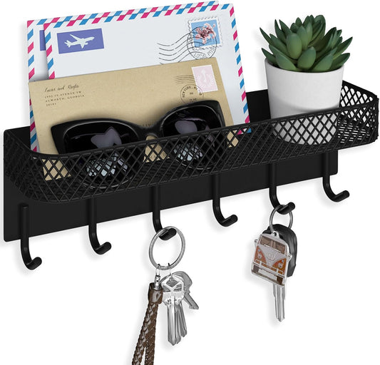 Key Holder for Wall – Decorative Stainless Steel Key Hanger with 6 Hooks for Hats, Bags, Leashes – Mail Holder Key Rack with Mounting Hardware and Guide (9.65” x 2.8” x 2.2”) (Black)