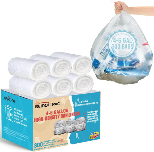 4-6 Gallon Trash Bags, 300 Count Bulk, Clear Plastic Recycling Bags, Multi-purpose Garbage Bags for Business Home Bathroom Kitchen Commercial and Industrial