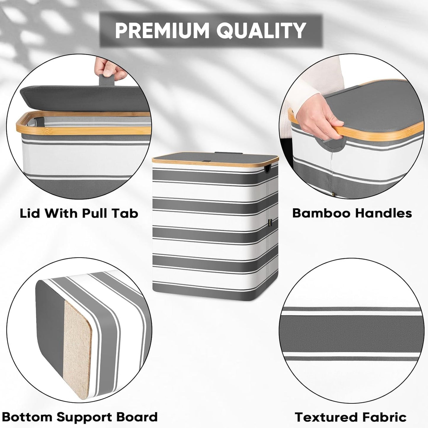 BALEINE Laundry Hamper with Lid, Tall Laundry Baskets with Bamboo Pull Handles, Large Laundry Bin with Internal Support (36 Gal/140L, Grey Stripe)