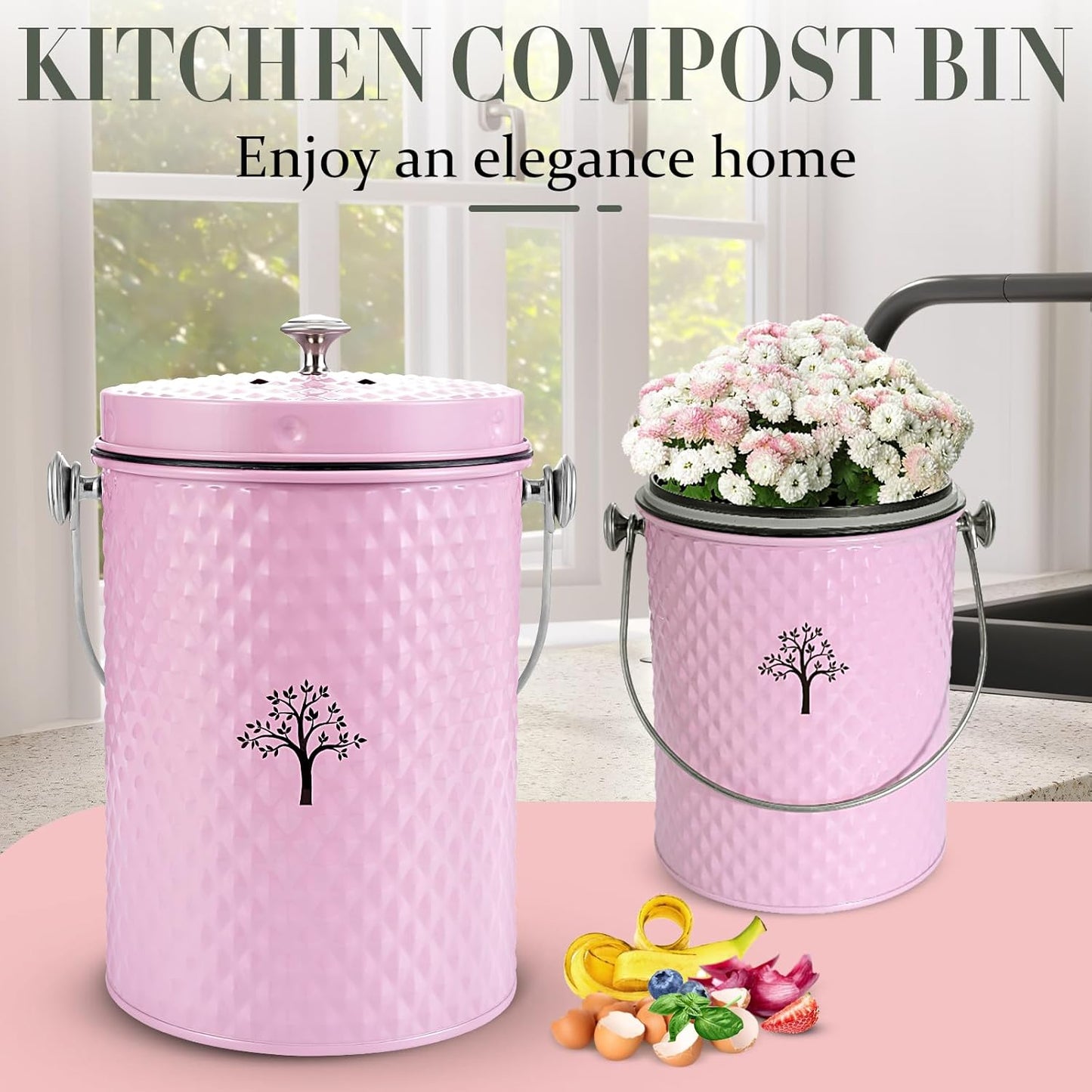 AOSION Countertop Compost Bin Kitchen，Odorless Indoor Compost Bin with Lid and Compost Bags,Compost Bucket Composter Container for Food Waste,Pink