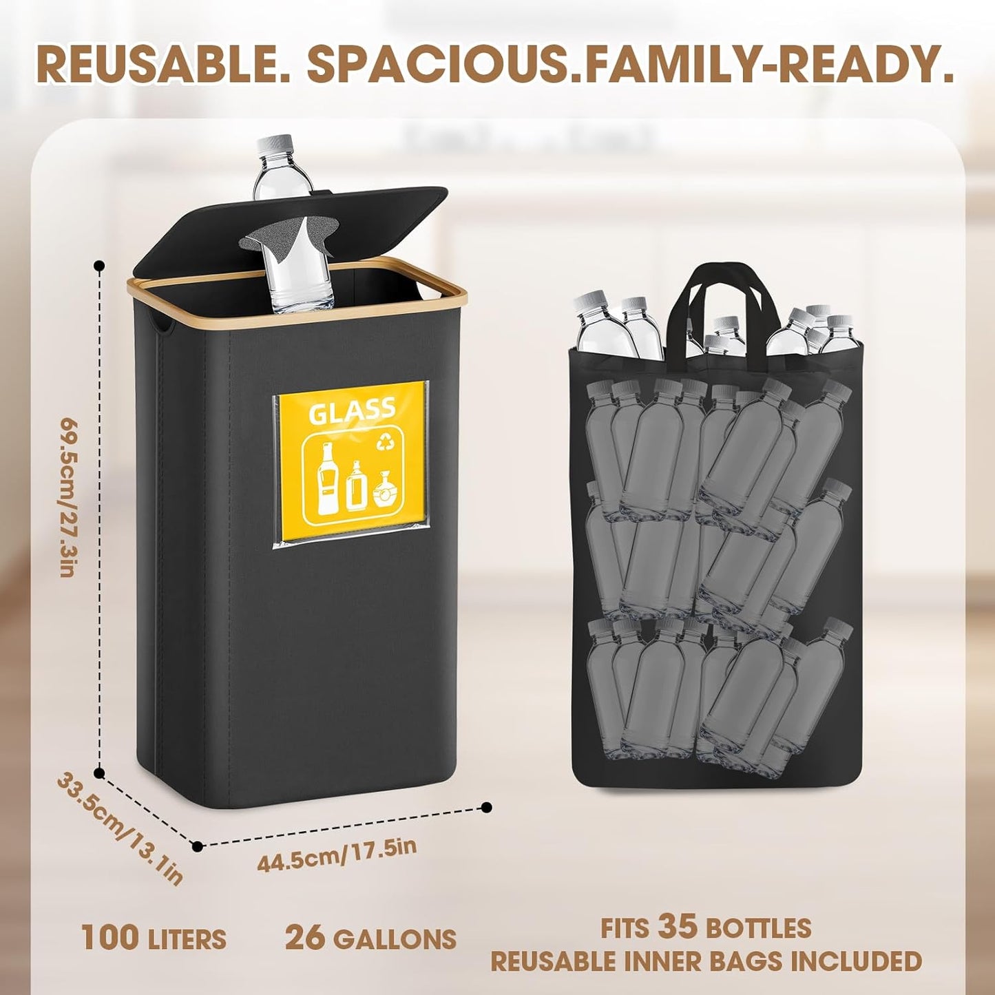 Recycling Bin for Kitchen 26 Gallon 100L, Indoor Recycle Bins with Lid, Hands-Free Access, Sorting Cards for Paper Plastic Glass Metal, Collapsible Waterproof Waste Bin