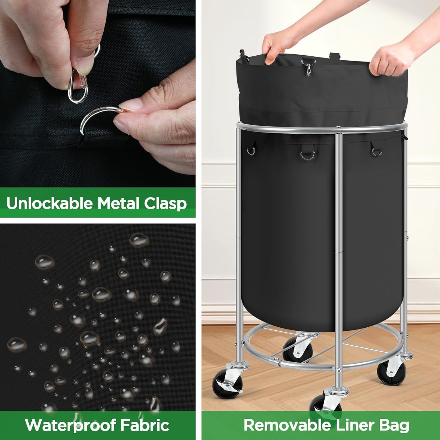 Laundry Hamper with Wheels, 100L Round Rolling Laundry Basket Sorter with Removable Bag, Clothes Cart Organizer with Steel Frame for Bedroom, Bathroom, Laundry Room, Black