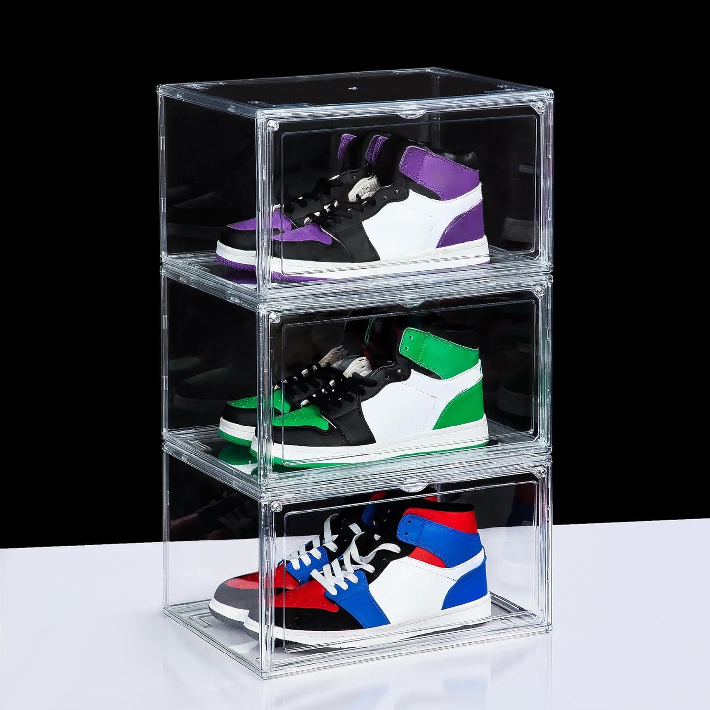 NYZE 3 Pack Acrylic Shoe Boxes Side Open, Clear Shoe Box Plastic Stackable, Shoe Storage Organizer with Magnetic Door, Shoe Display Shoe Containers with Lids Fits Up to Size 15