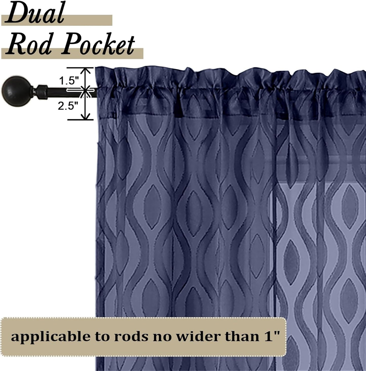 Aiyufeng Extra Long Sheer Curtains 96 Inches Long for Bedroom 2 Panels Set, Modern Light Filtering Wavy Line Clip Jacquard See Through Curtains for Bedroom Living Room, Navy Blue, 40" Wx96 L Inches