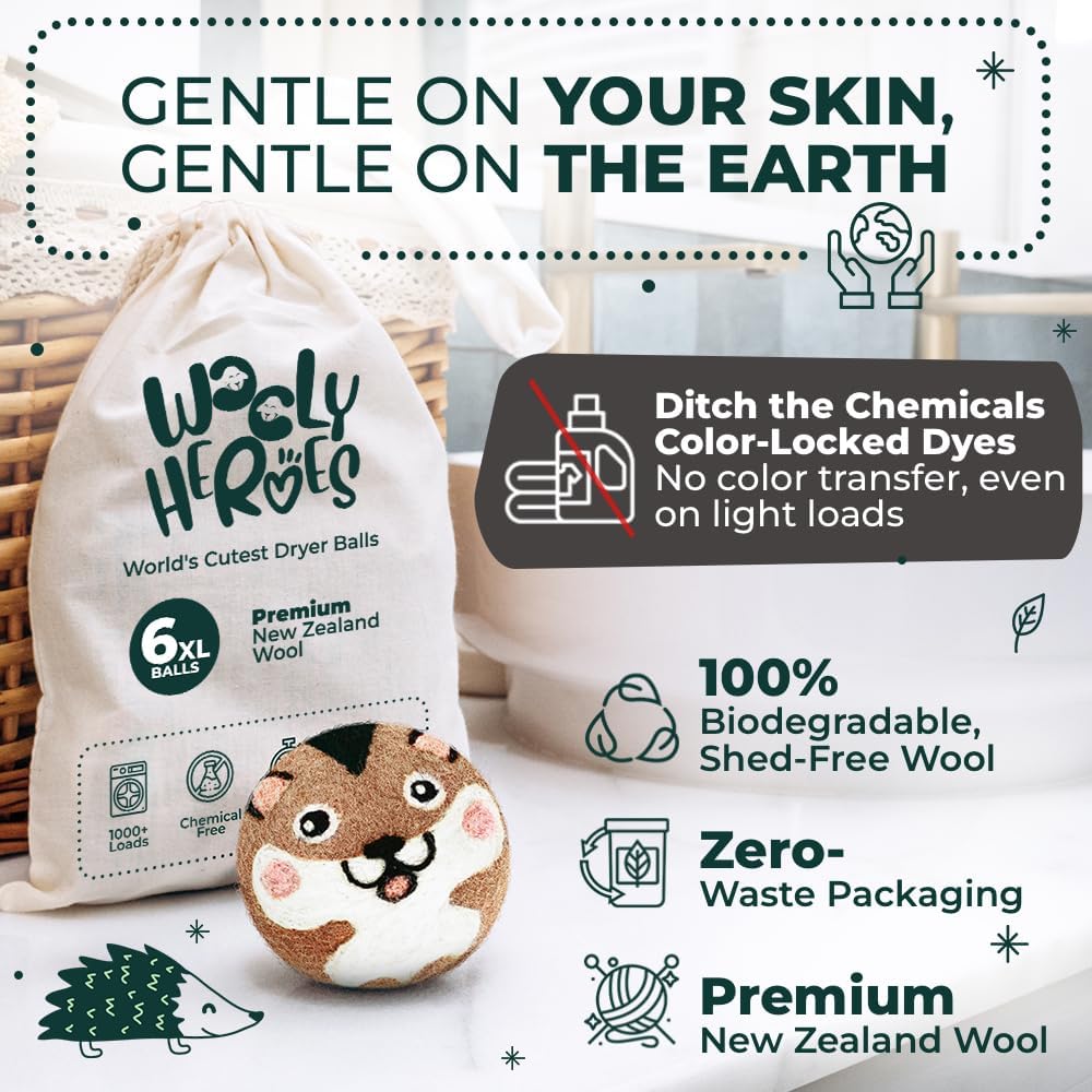 No More Dryer Sheets! Reusable Wool Dryer Balls XL 6-Pack - Reduces Static, Cuts Dry Time, & Softens Naturally