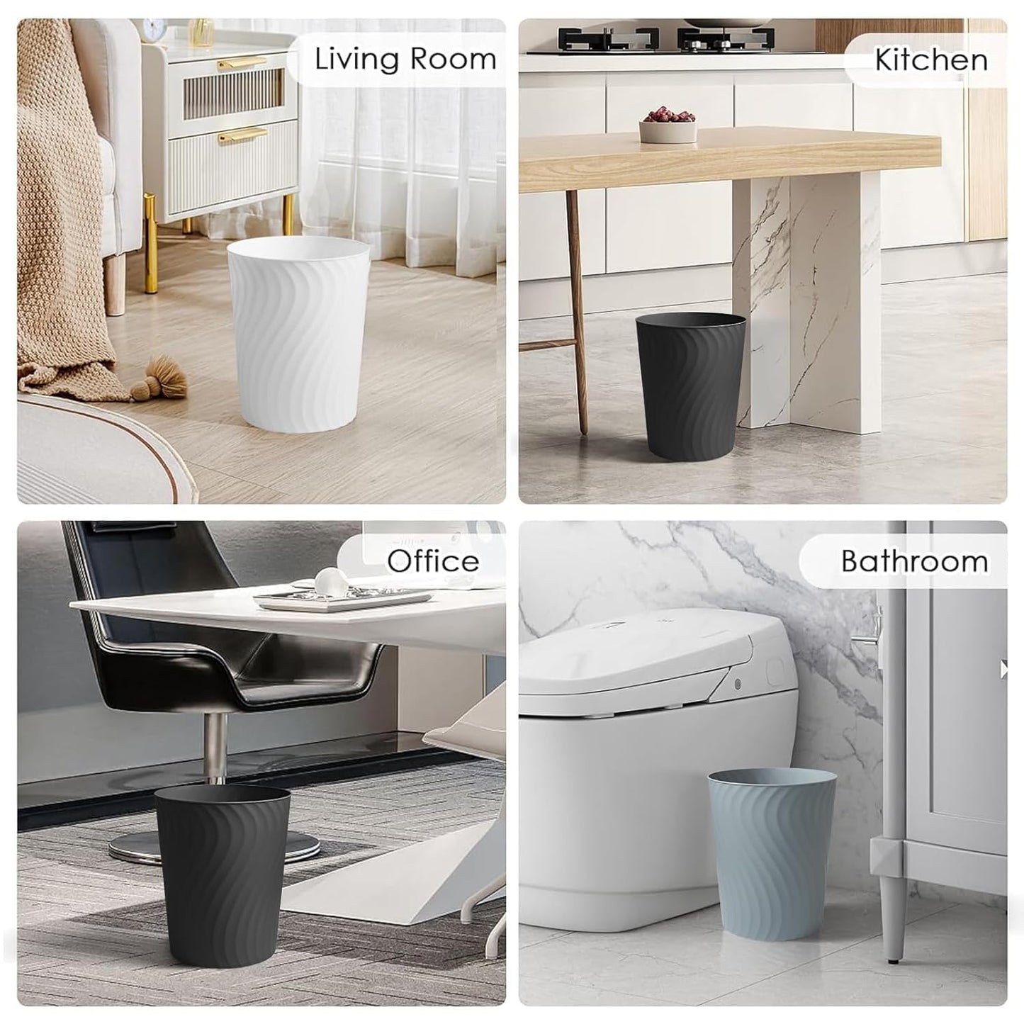 YGJT Small Trash Can, 3 Pack 1.8 Gallons Bathroom Trash Can Waste Basket, Round Garbage Can, Plastic Trash Bin for Kitchen, Dorm, Bedroom, Office, Living Room, Study, Compact Spaces(White Black Grey)