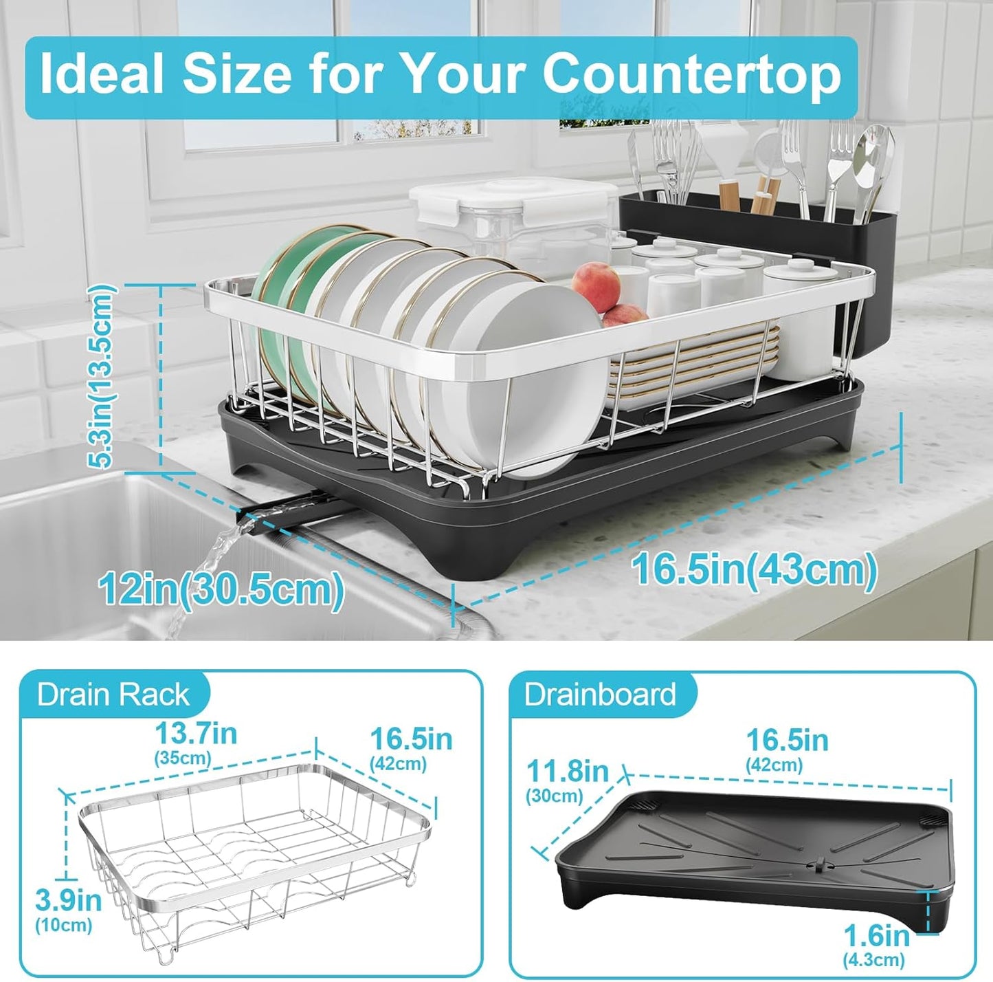 Dish Drying Rack 304 Stainless Steel Dish Rack with Drainboard,Space Spaving Auto-Draining Drying Racks for Kitchen Counter,Large Capacity Dish Racks for Bowls, Cups, Dish Drainer Black