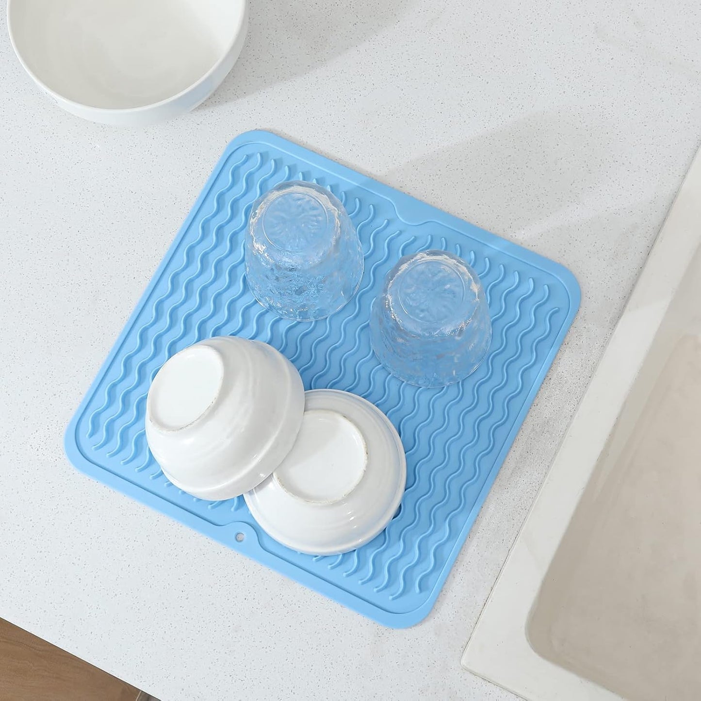 Silicone Dish Drying Mat for Multiple Usage,Easy clean,Eco-friendly,Heat-resistant Silicone Mat for Kitchen Counter or Sink,Refrigerator or Drawer liner Light Blue M 12 inches x 12 inches