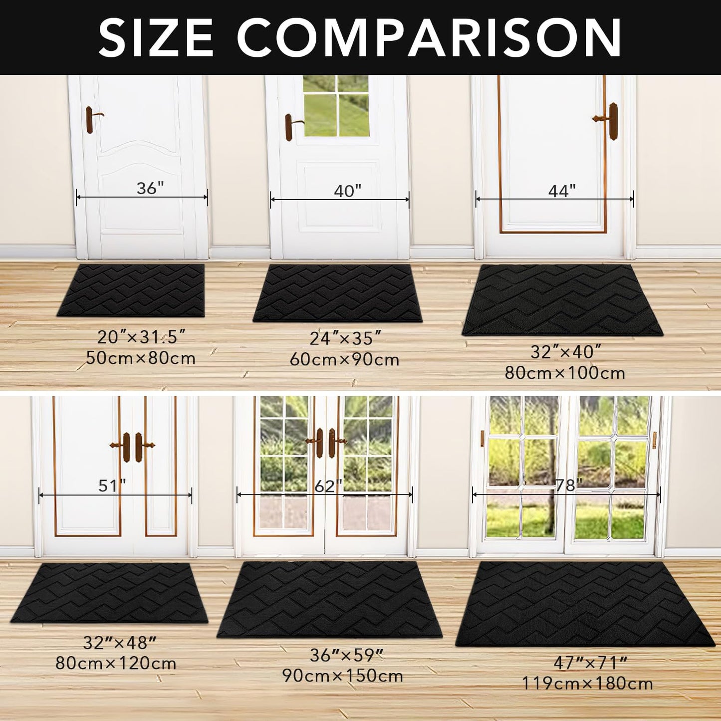 hicorfe Indoor Doormat,Welcome Door Mat TPR Backing Non Slip Mats 20"x31.5" Absorbent Resist Dirt Entrance Doormat Inside Floor for Entryway Washable Low-Profile (Black)