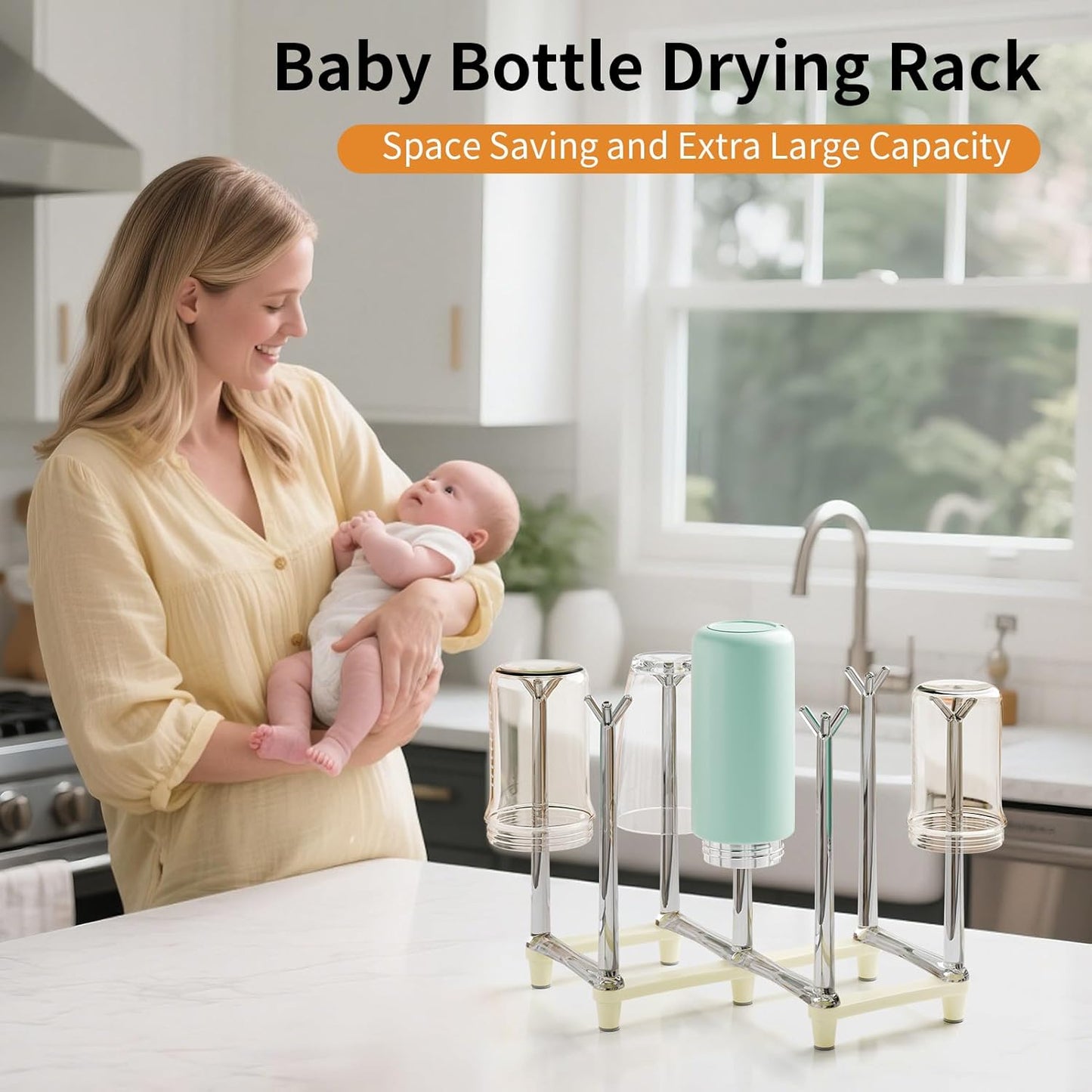 Marbrasse Retractable Cup Drying Rack, Drinking Glass and Sports Bottle Drainer Stand, Plastic Bag Dryer with Non-Slip Bottom for Kitchen Countertop - White