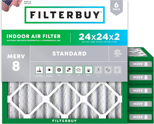 Filterbuy 24x24x2 Air Filter MERV 8 (MPR 700) Dust Defense Replacement (6-Pack), Electrostatic Pleated HVAC AC Furnace Filters, Made in USA (Actual Size: 23.38 x 23.38 x 1.75)