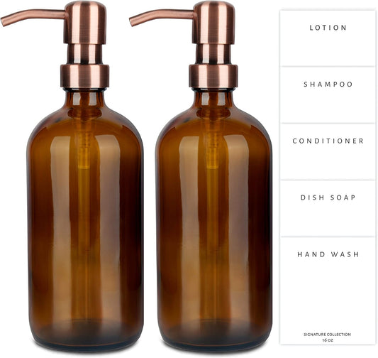 Emerson Soap Dispenser, Dish Soap Dispenser for Kitchen, Soap Dispenser Bathroom Set, Hand Soap Dispenser, Kitchen Soap Dispenser Set, Glass Soap Dispenser with Pump and Labels - 16 Oz - 2 Pack