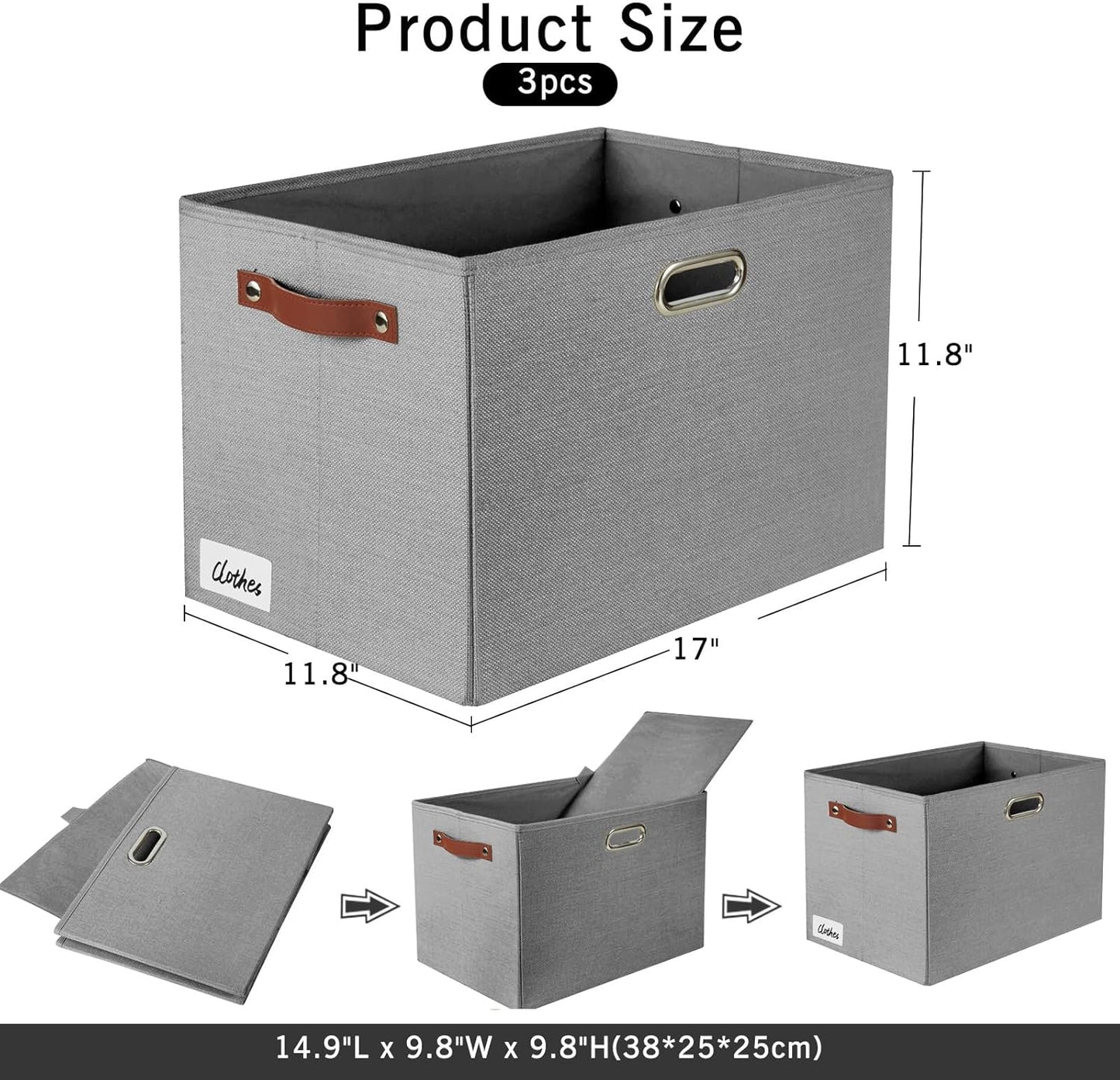 3-Pack Foldable Fabric Storage Bins with Durable PU & Metal Handles, Collapsible Storage Baskets for Shelves, Home Storage, Closet Organizers, Living Room(17"x11.8"x11.8", Grey)