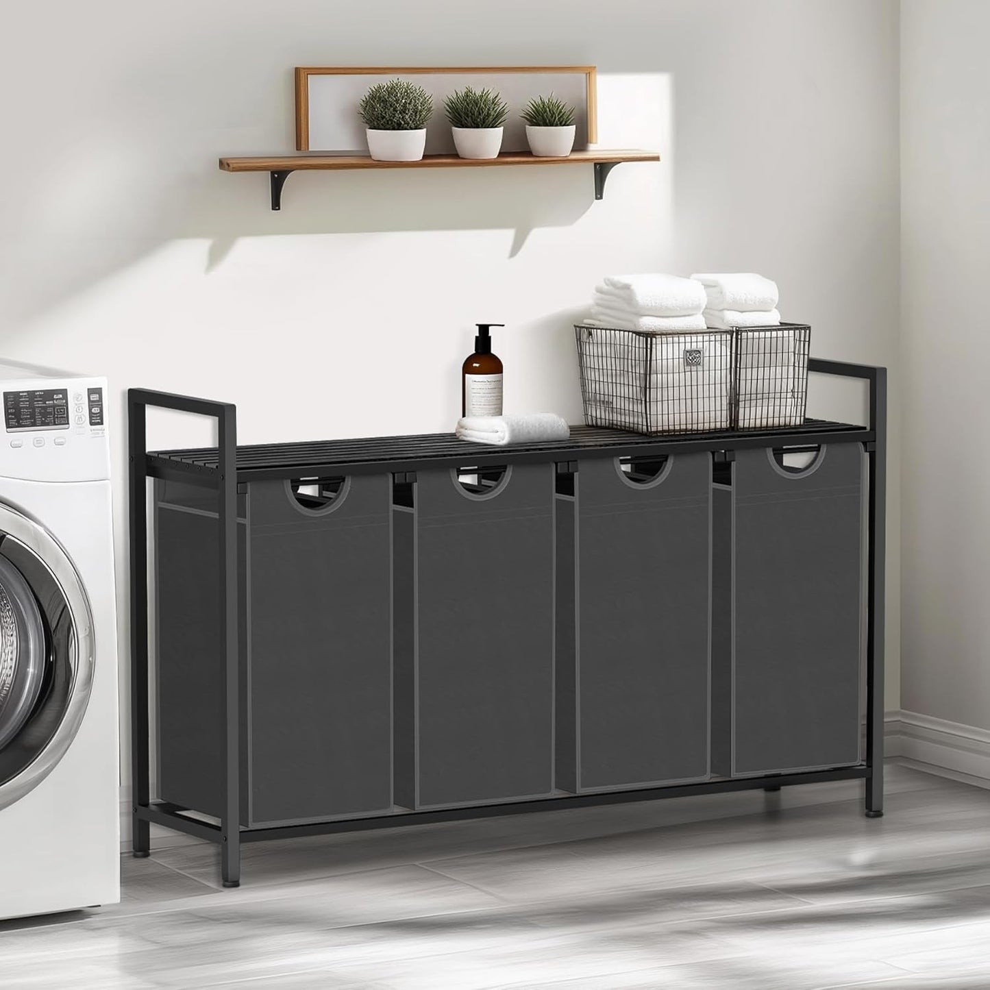 Laundry Hamper, Laundry Sorter with 4 Pull-Out Removable Oxford Fabric Bags Cloth Laundry Basket 4 x 10 Gallons (Grey and Charcoal Black)