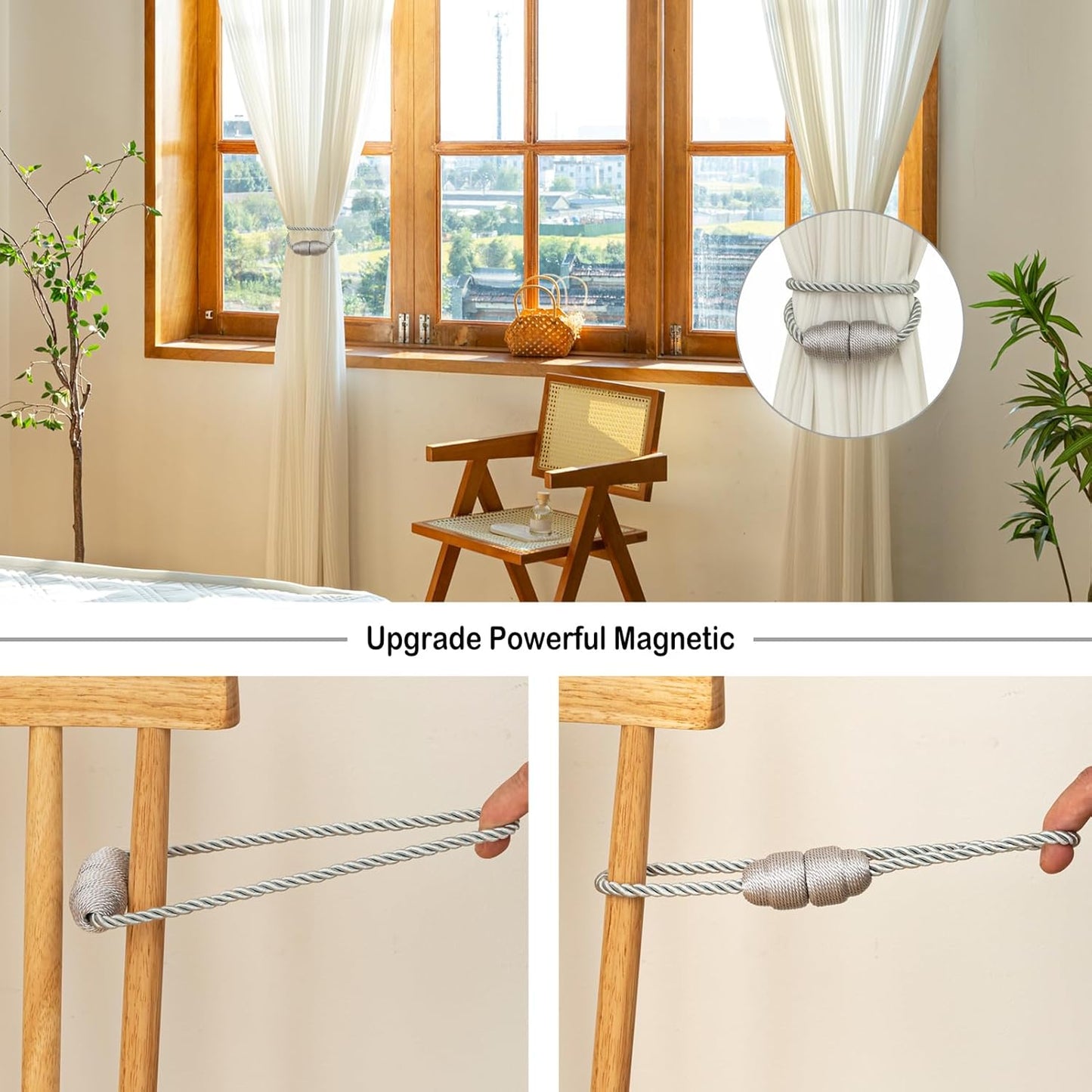 Magnetic Curtain Tiebacks - Rope Tiebacks for Curtains & Drapes, Decorative Window Holdbacks (8 Pack, Grey)