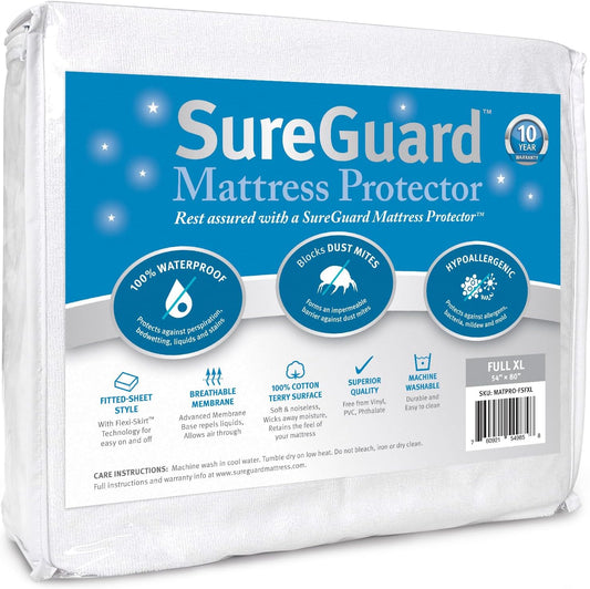 SureGuard Full Extra Long (XL) Mattress Protector - 100% Waterproof, Hypoallergenic - Premium Fitted Cotton Terry Cover White