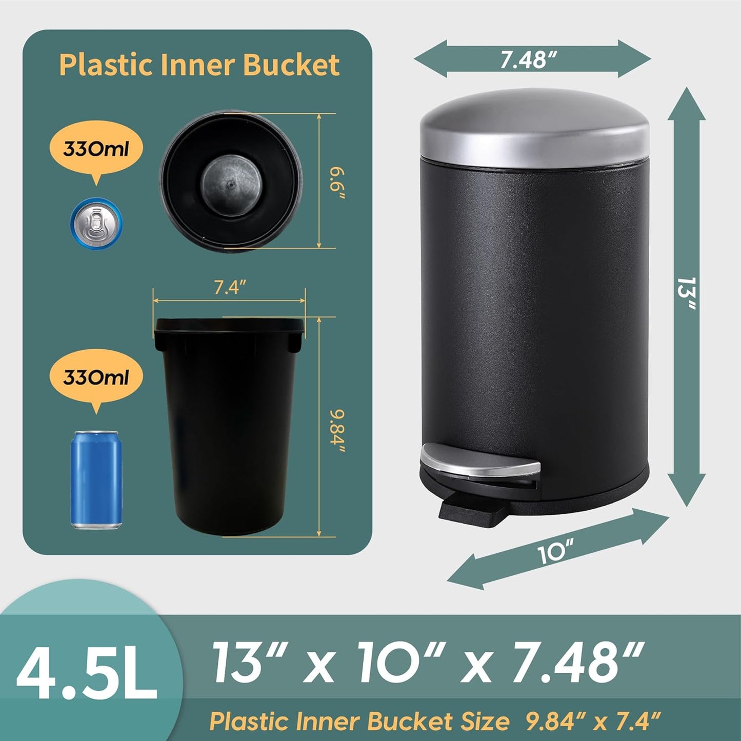SunnyPoint 4.5 Liter(1.2 Gallon) Round Trash Can with Plastic Inner Bucket; Bathroom, Office, Kitchen and Bedroom Step On and Slow Close (BLK+SN)
