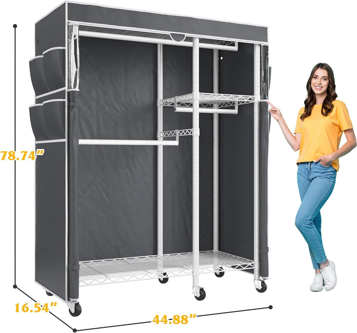 Raybee Clothes Rack with Cover,Clothing Racks for Hanging Clothes with Wheels and Adjustable Feets,Rolling Heavy Duty Garment Rack,White