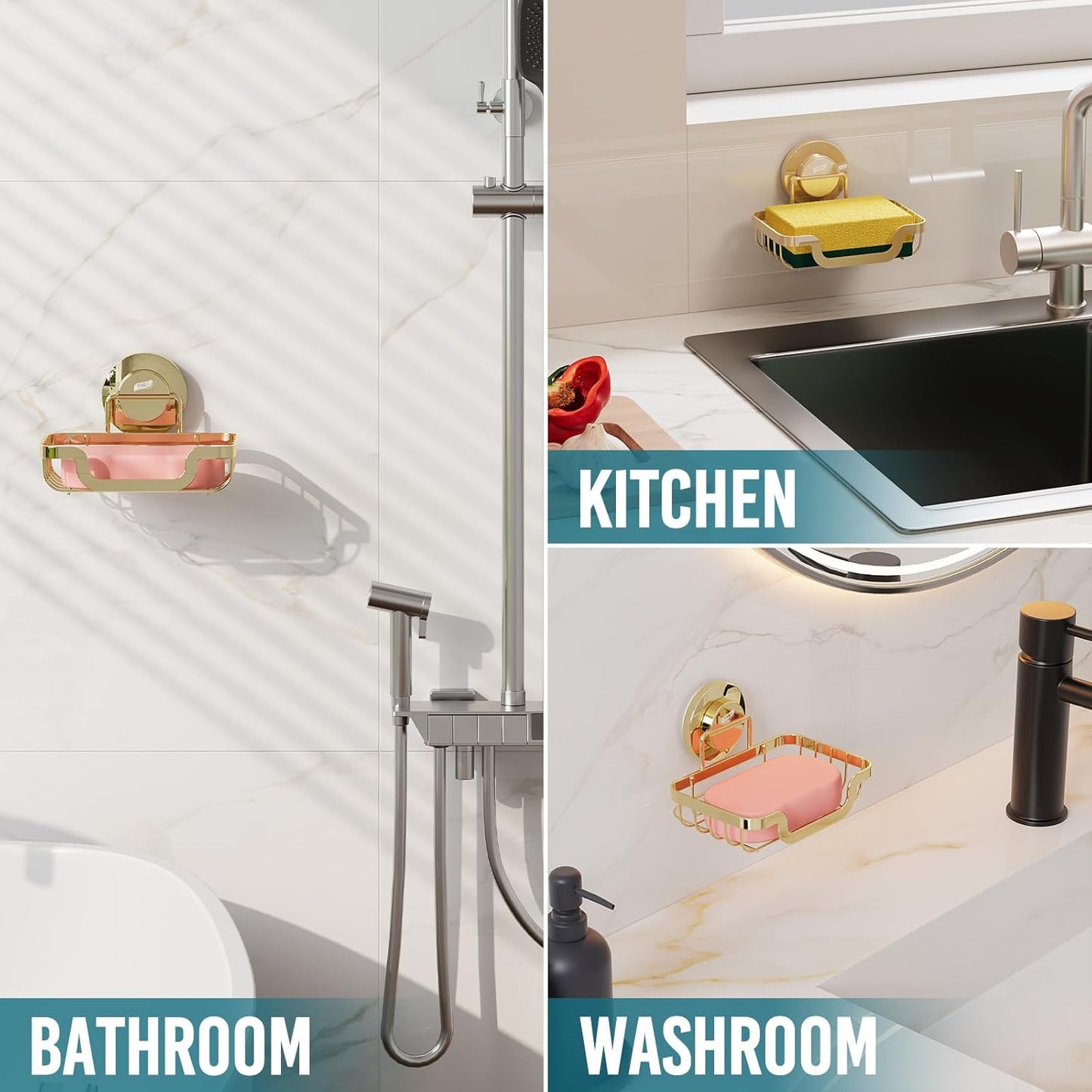 TAILI Soap Holder Bar Dish Suction Cup, Bar Shampoo Rack for Shower Wall, Draining Soap Saver Tray for Bathroom, Rustproof Stainless Steel Sponge Holder for Tub, Kitchen, Drill-Free, Gold