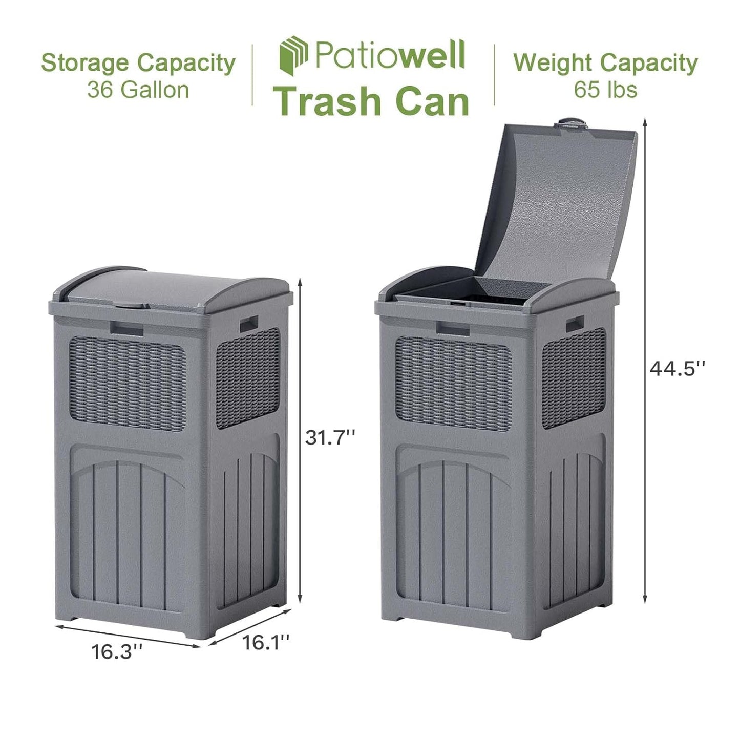 Patiowell 36 Gallon Outdoor Trash Can, Resin Outdoor Garbage Can with Lid for Patio, Backyard, Deck, Gray