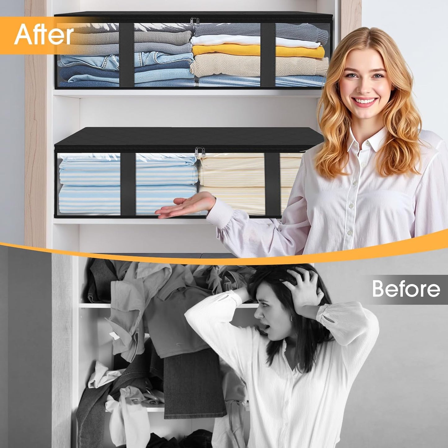 StorageRight Under Bed Storage Bins, 6-Pack 40L Foldable Fabric Storage Bags with Transparent Window, Breathable Organizer for Clothes/Blanket/Comforter/Quiltr, Black