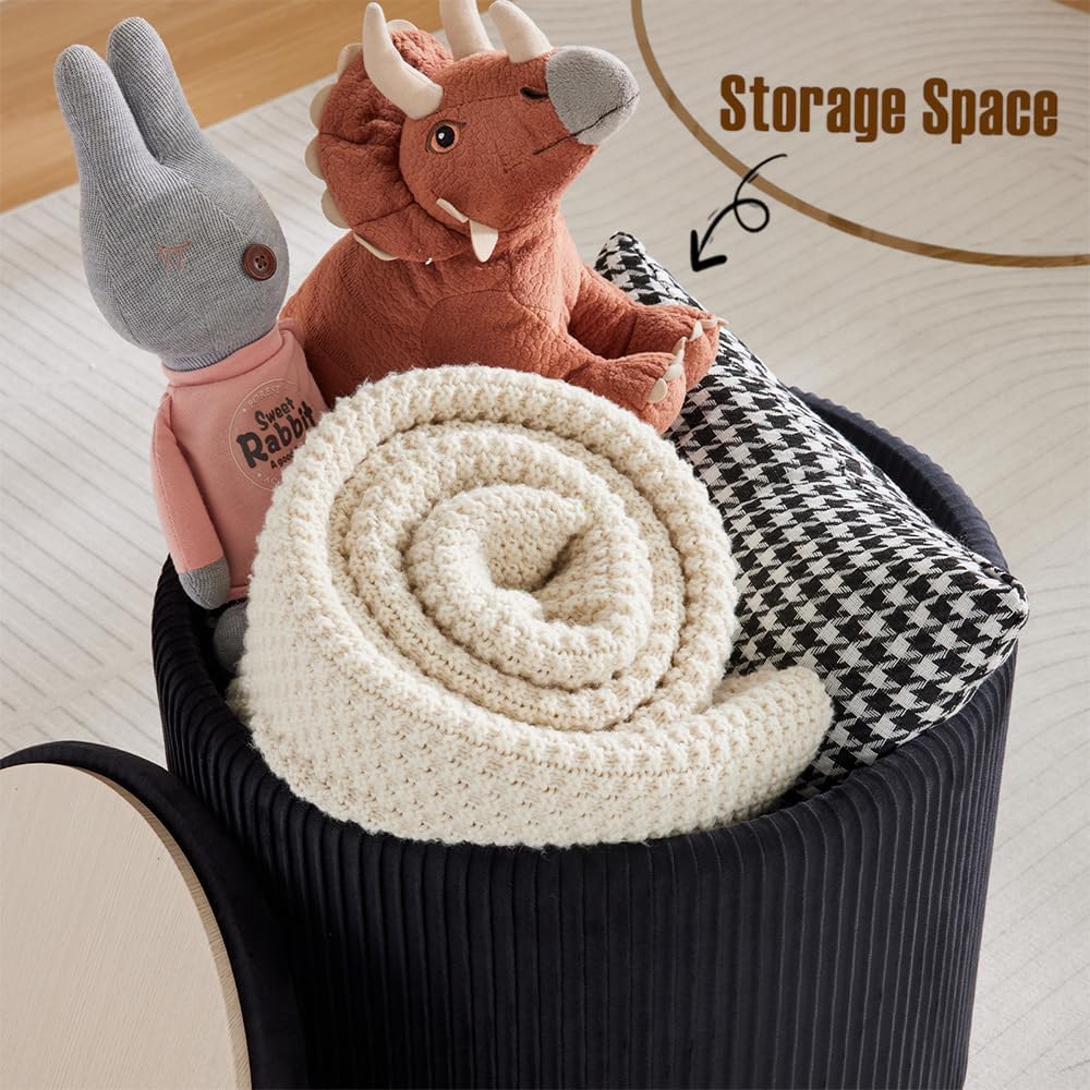 Big Round Ottoman with Storage Set of 2,Upholstered Velvet Vanity Stool for Makeup Multifunctional Foot Rest Coffee Table Padded Seat Tufted Ottomans for Living Room&Bedroom (Black)