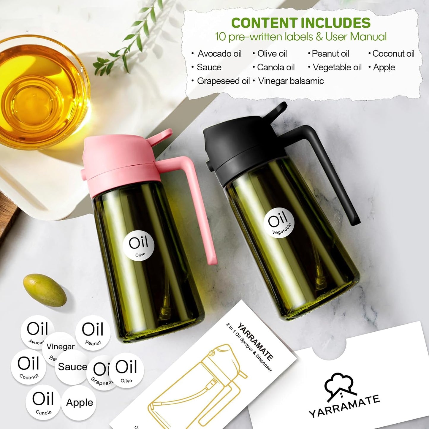 YARRAMATE 2Pcs 16oz/470ml Dark Green Oil Sprayer for Cooking with Stickers, Food-grade Premium 2 in 1 Olive Oil Dispenser Bottle for Kitchen Gadgets, Air Fryer, Salad, Frying, BBQ (Pink&Black)