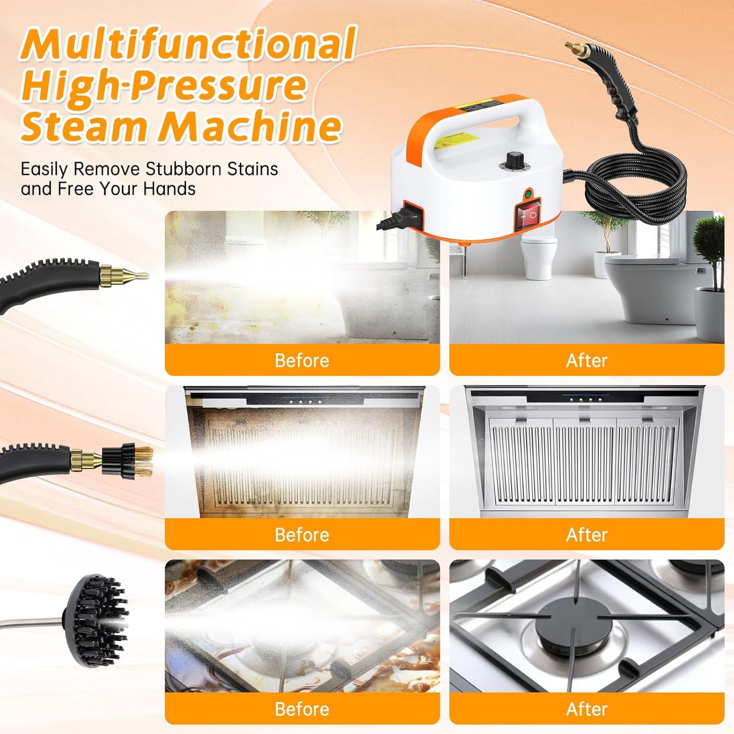 4.5BAR Handheld Steam Cleaner, 2500W Portable Steam Cleaner for Home for Car Kitchen Furniture Floors Cleaning, Tankless Design, 6-Speed Pressurized Steam Machine with 3 Brush Heads, Orange