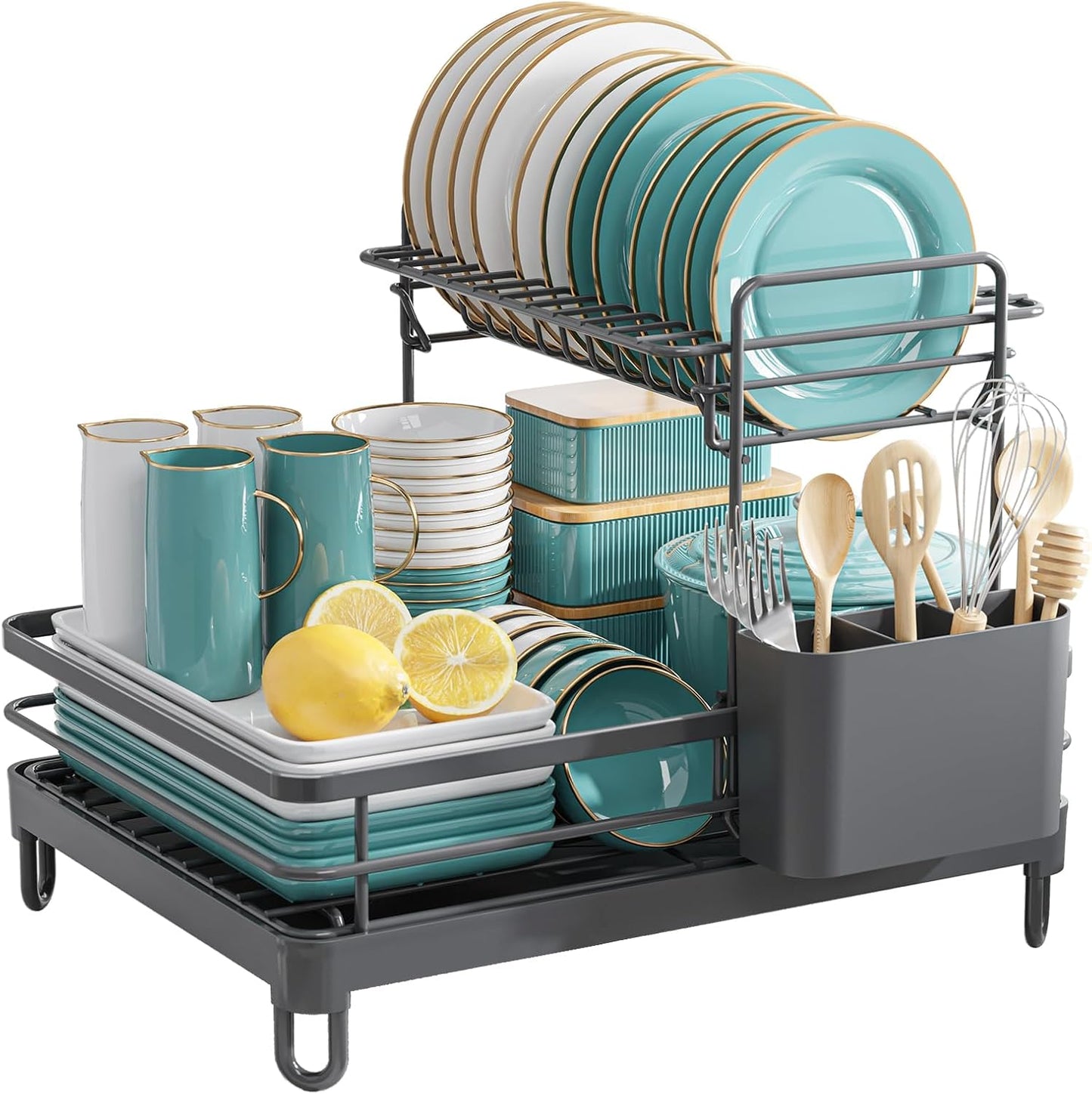 Dish Drying Rack - X-Large Stainless Steel Dish Rack for Kitchen Counter, 2-Tier Kitchen Organizers and Storage for Dishes, Bowls, Cutlery, Gray