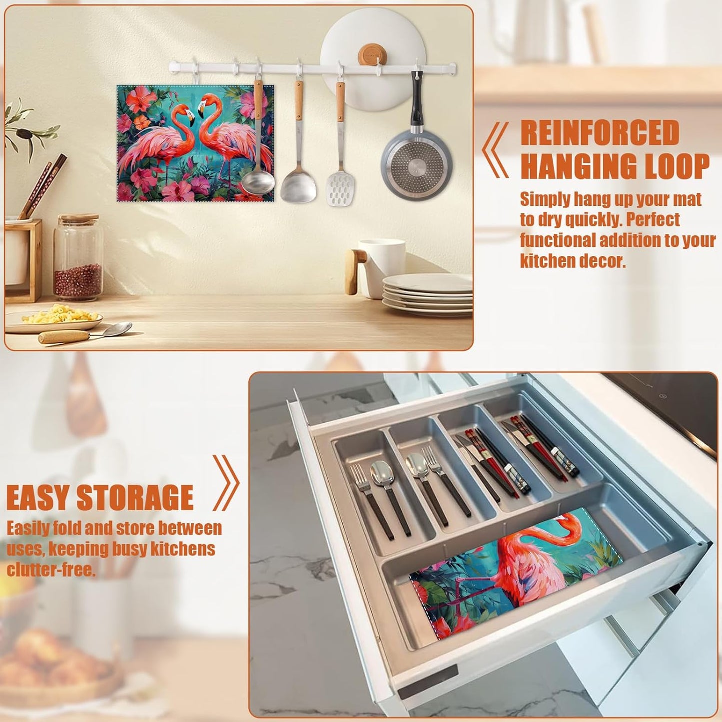 Tropical Flower Flamingo Dish Drying Mat for Kitchen Counter Microfiber Absorbent Dish Kitchen Drying Mat Draining Reusable Washable for Dishes/Utensils/Counterto