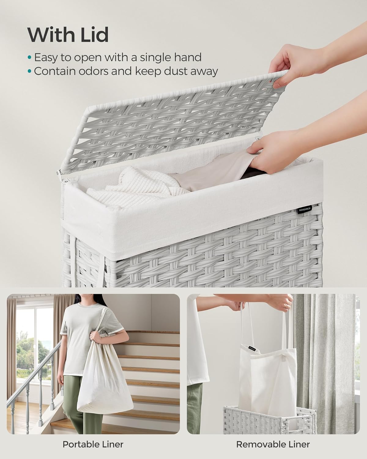 SONGMICS Slim Laundry Hamper with Lid, 14.5 Gallon (55L) Rattan Clothes Laundry Basket with Lid and Handles, Foldable, Removable Liner, Cloud White ULCB164W01