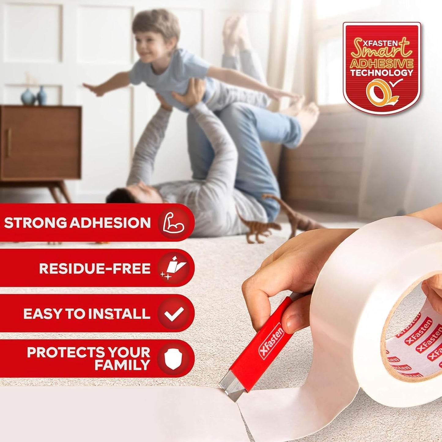 XFasten Double Sided Carpet Tape for Area Rugs 2 Inch x 30 Yards w/Mini Cutter, Residue-Free Carpet Tiles Tape, Heavy-Duty Rug Pad Gripper for Hardwood, Vinyl Flooring Underlayments, Laminate