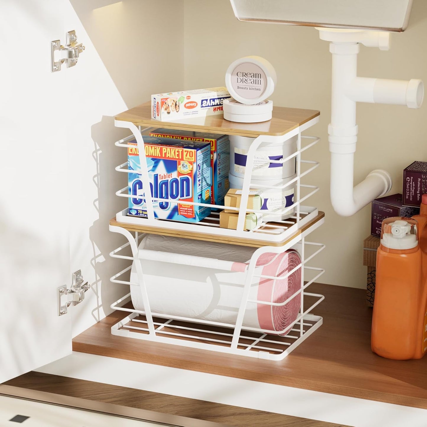 Extra Large 2 Pack Stackable Pantry Organizers - Laundry Room Organization & Decor, Kitchen Decor, Wall Mount Trash Bag Holder with Bamboo Top, White