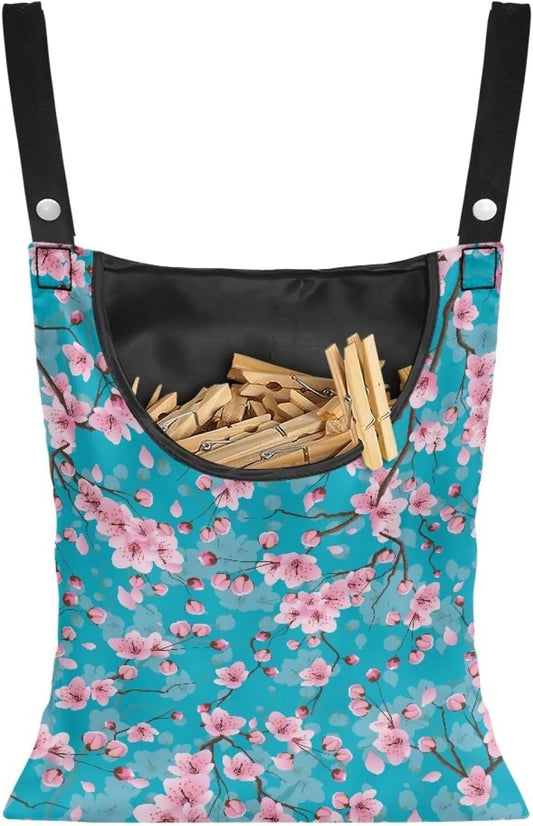 Cherry Blossom Clothespin Pouch with Hanging Hook - Waterproof Clothespin Storage for Outdoor Use