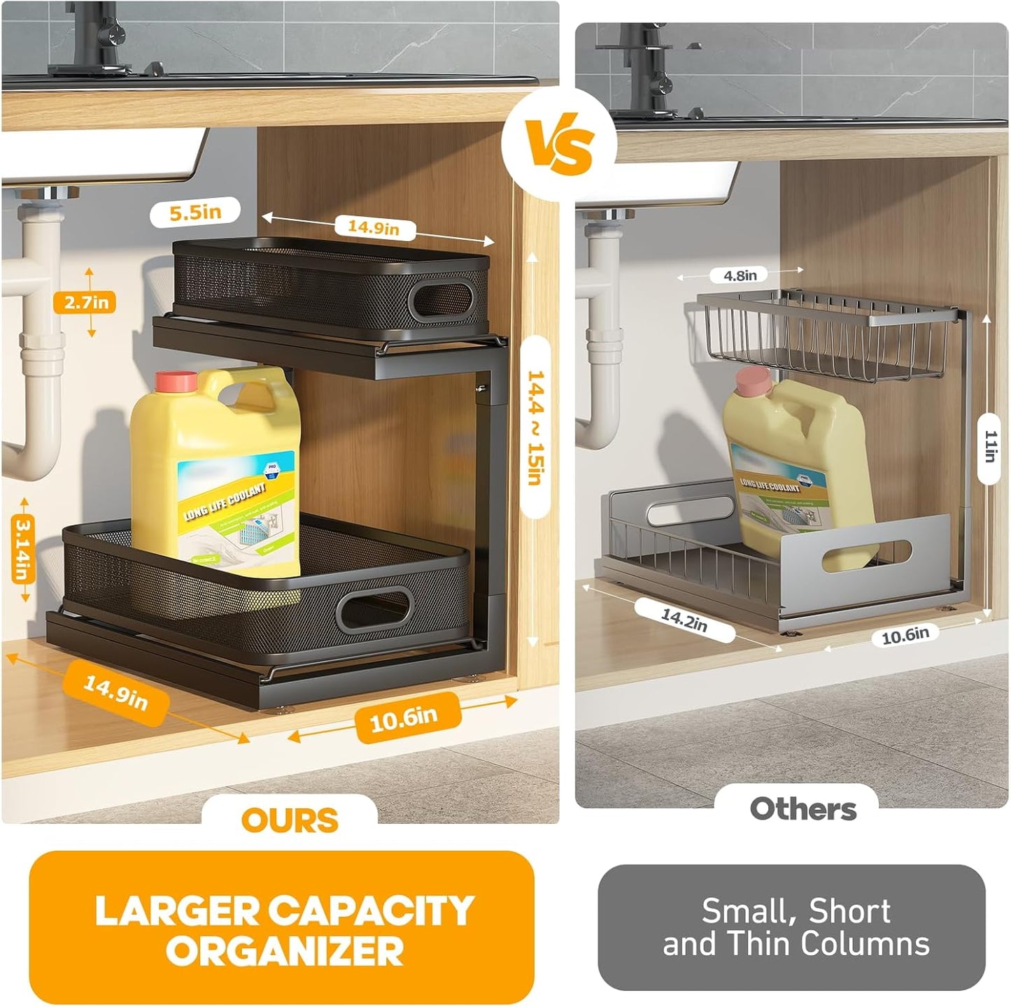 1-Pack Under Sink Storage Organizer with 2-Tier Slide Out Drawer, Sophisticated Mesh Pull Out Shelf for Kitchen & Bathroom, Fits Small Items, Upgraded Arched Track for Smooth Gliding-Black