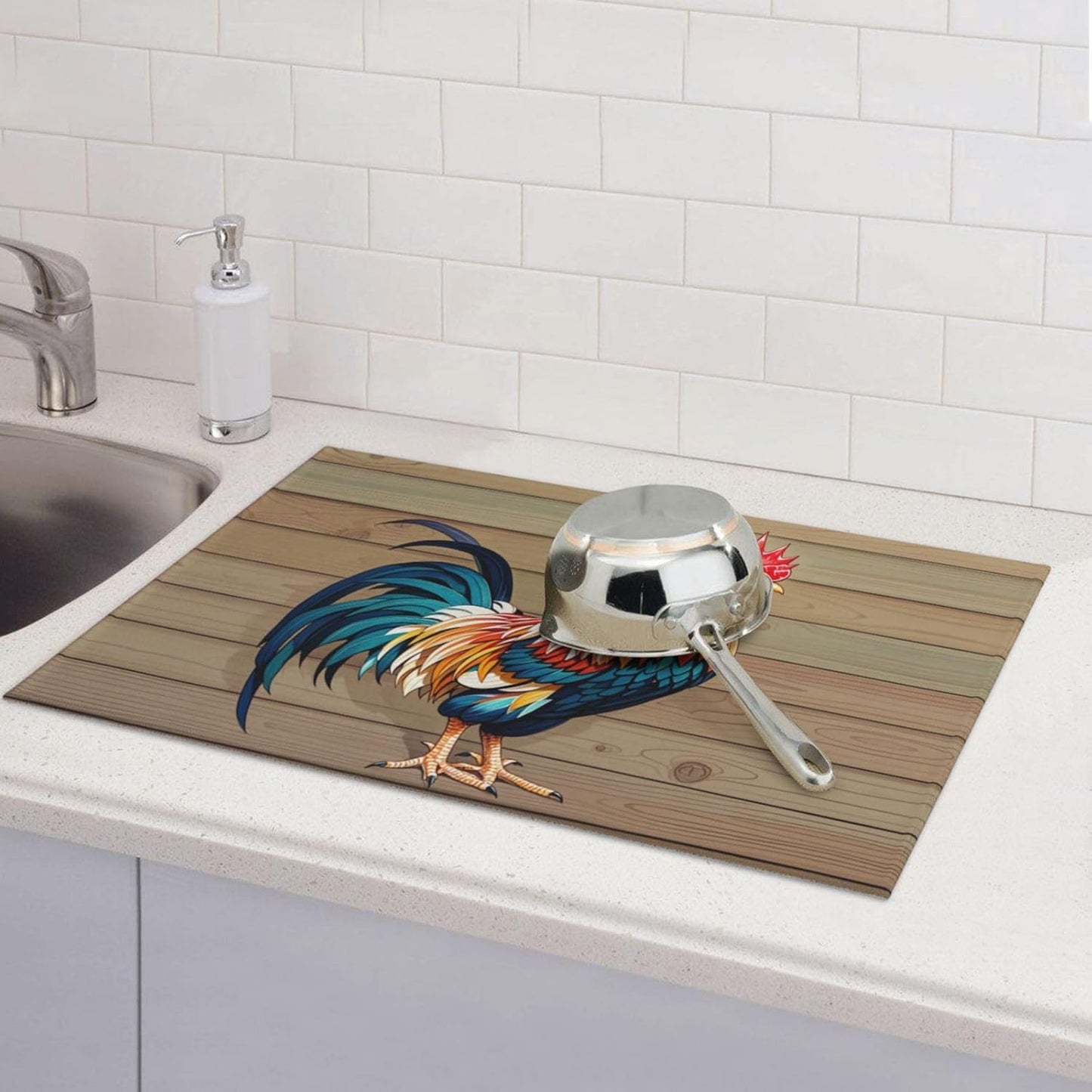 Rooster Dish Drying Mat Highly Absorbent Double-Sided Microfiber with Hanging Loop Reversible Drain Dish Rack Mat Drain Mat Suitable for Kitchen Countertop Coffee Bar 18 x 24 Inch