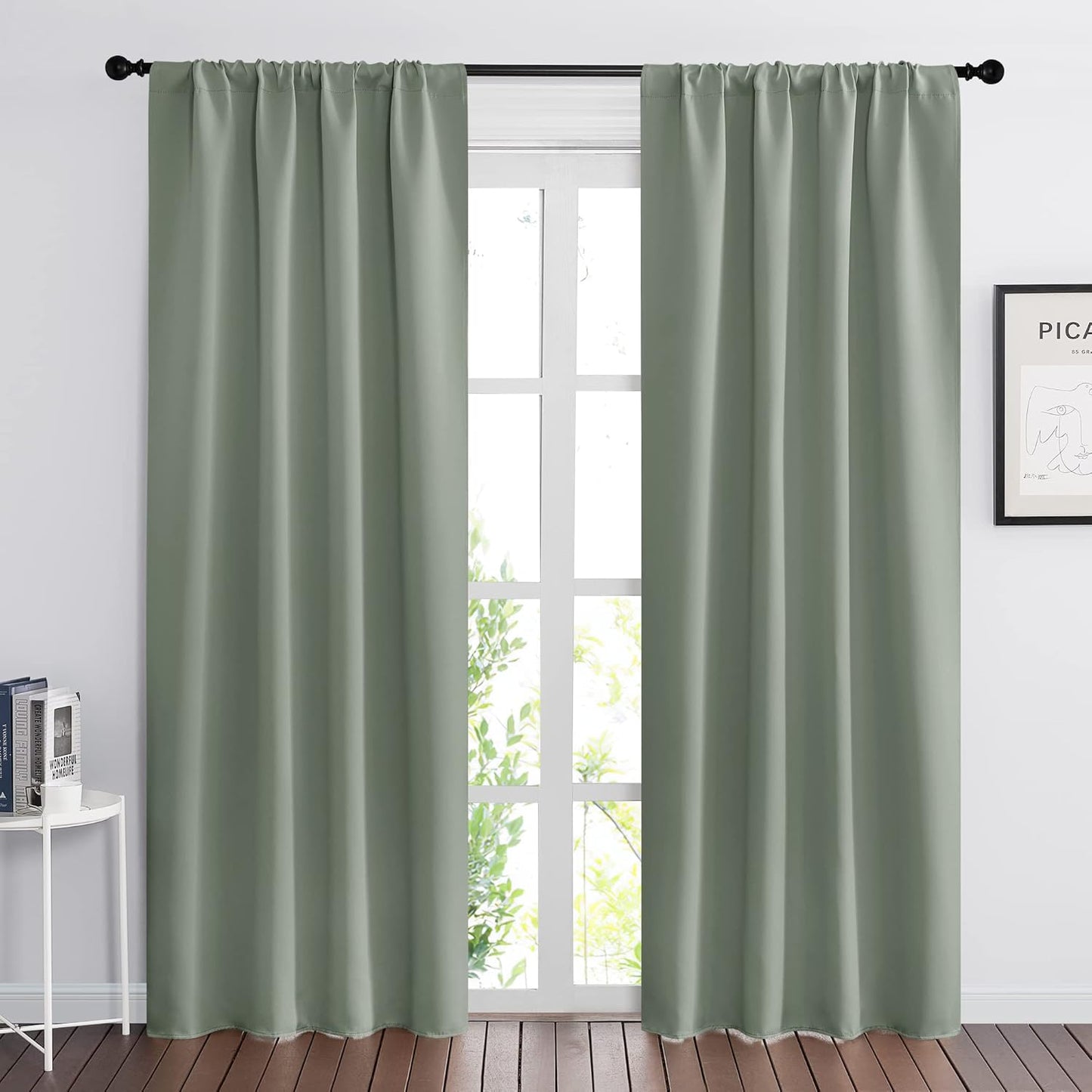 RYB HOME Green Blackout Living Room Curtains - Light Block Energy Efficiency Small Window Treatment Drapes for Kitchen Dining Baby Nursery Farmhouse Decor, W 42 x L 84 inch, Sea Green, 2 Panels