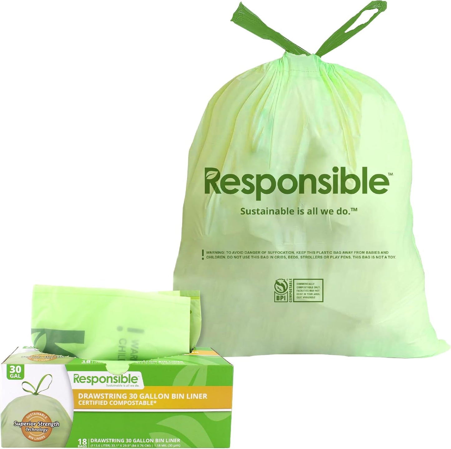 Responsible Products Kitchen Bin Liners, Certified Compostable, Heavy Duty Multipurpose Food Scrap Bags, Made from Compostable Materials (30 Gallon Drawstring, (18 Count))