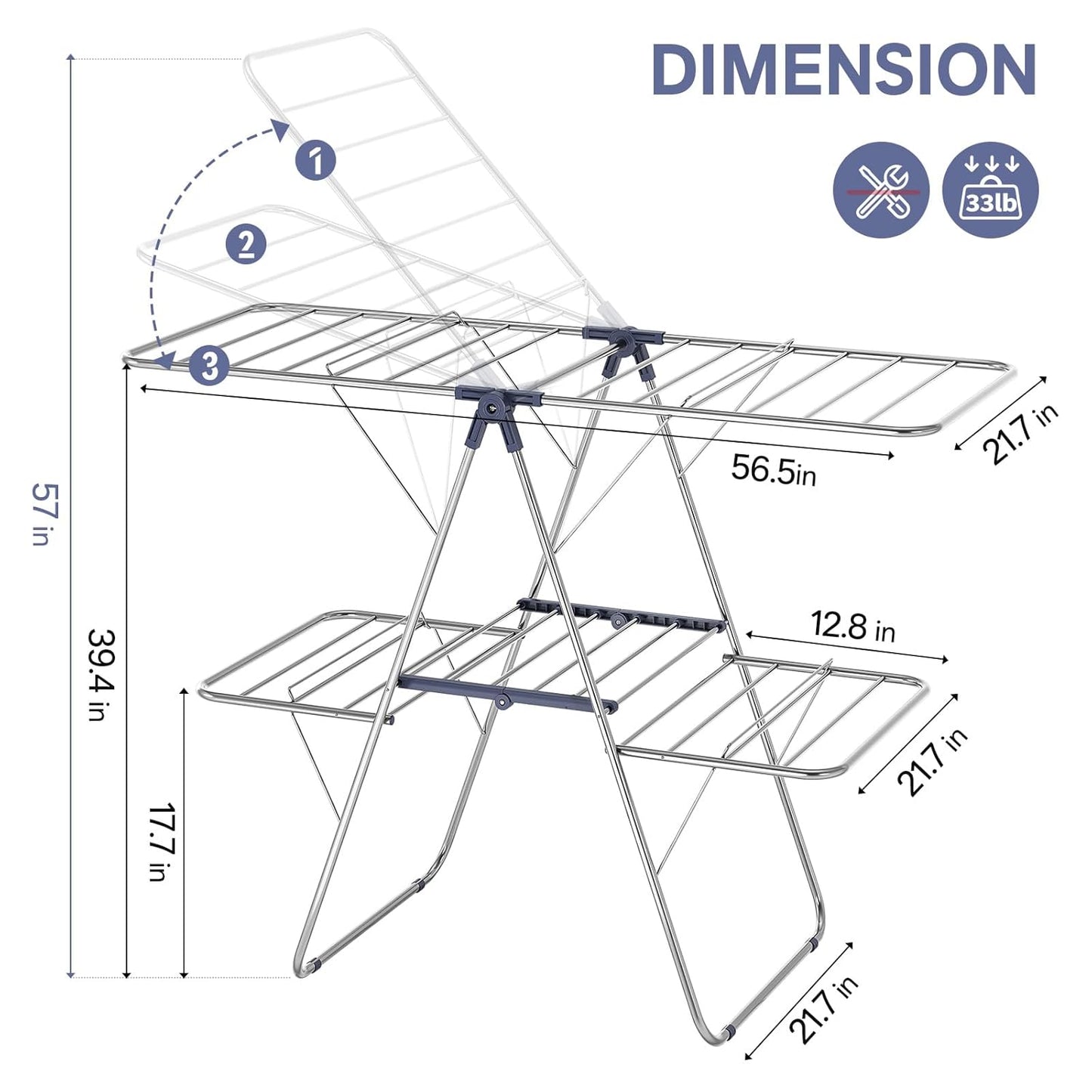APEXCHASER Clothes Drying Rack with 4 Wings, Stainless Steel Drying Rack Clothing with Height-Adjustable, Foldable Gullwings Laundry Drying Rack, Indoor Outdoor Use, No Assembly, Blue