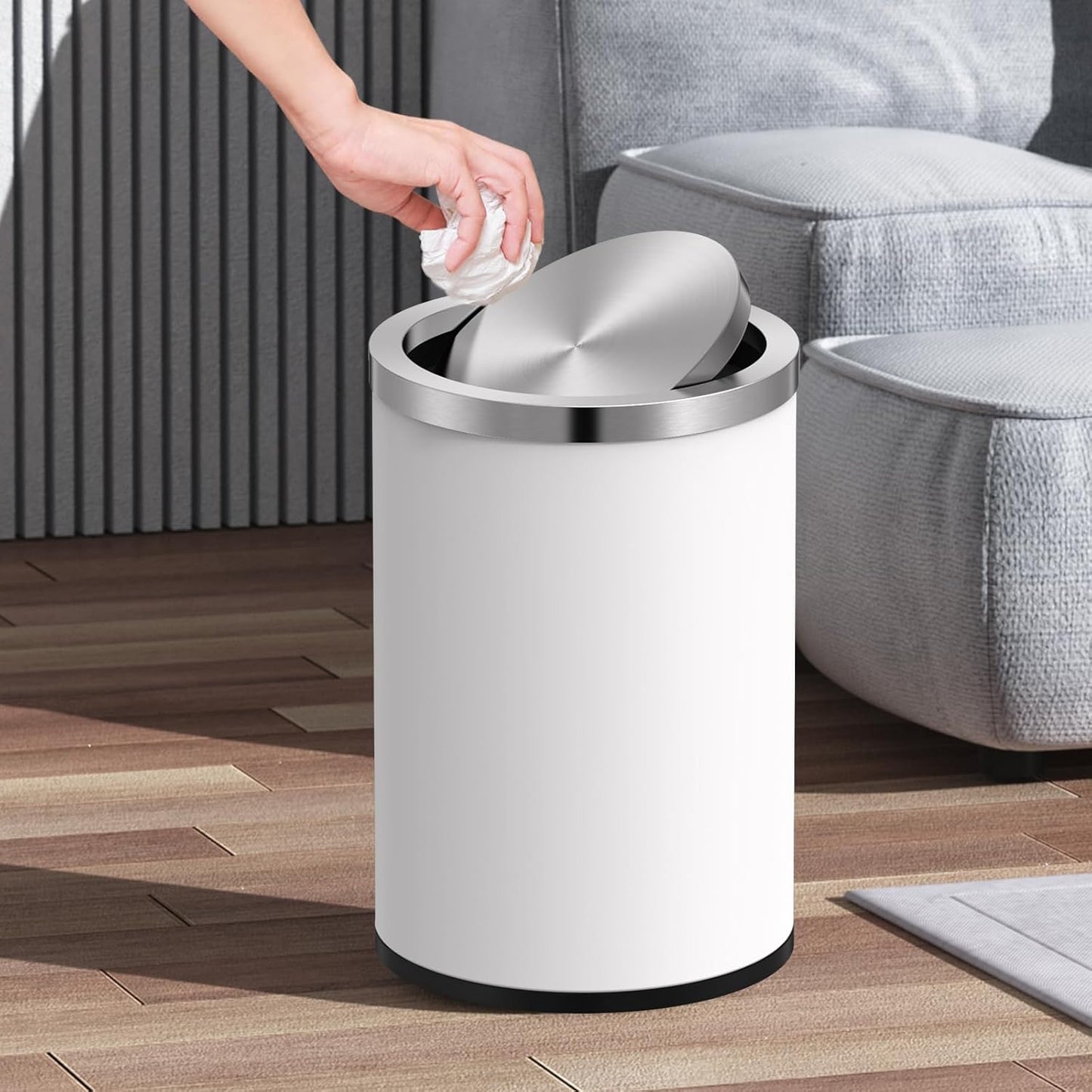 Mbillion Small Trash Can with Swing Lid 2.4 Gallons/9 Liter, Mini Trash Can with lid, Stainless Steel Cylindrical Garbage Can for Home and Office Bathroom Bedroom, for Ground and Desktop White