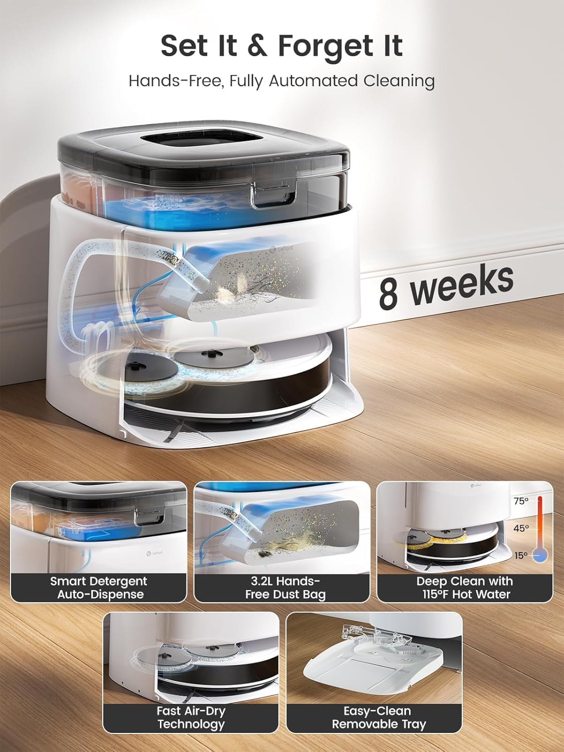 Lefant Robot Vacuum, M3 Robot Vacuum and Mop, 10000Pa Suction, Anti-Tangle Brushes, Dual Spinning Mop, Auto Mop Washing, Cool Drying, Self-Emptying, Self-Cleaning, All-in-One Dock, for Pet Hair Dust